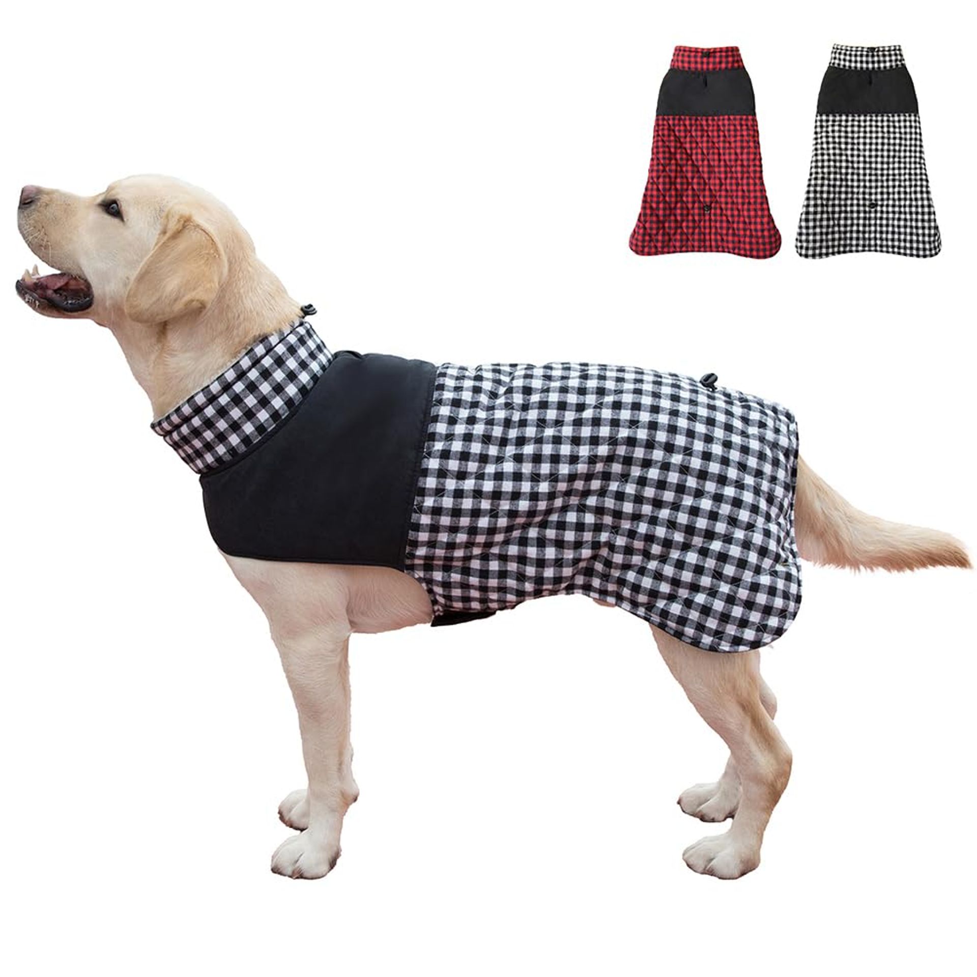 Reversible Winter Dog Coat Windproof Waterproof British Style Plaid Jacket - Black Grid 5XL