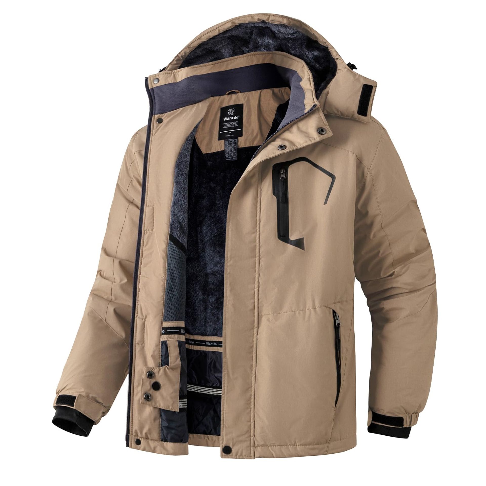 Men's Waterproof Winter Ski Jacket with Thermal Fleece and Hood - Khaki L