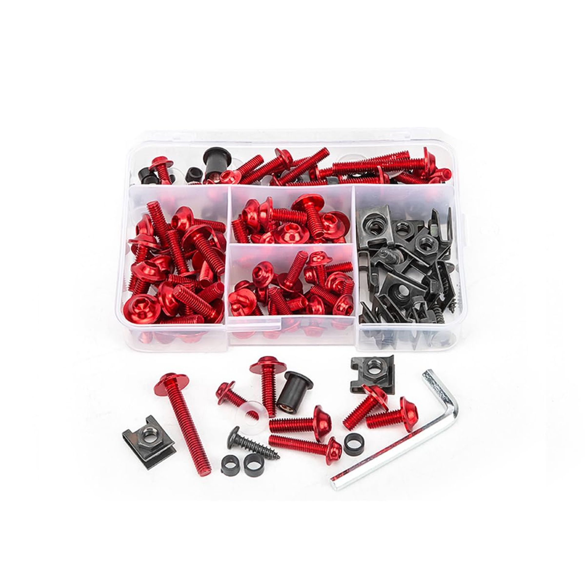 195pcs Motorcycle Fairing Bolt & Nut Kit with Windscreen Fastener Clips - Durable Aluminium Bodywork Screws (Red)