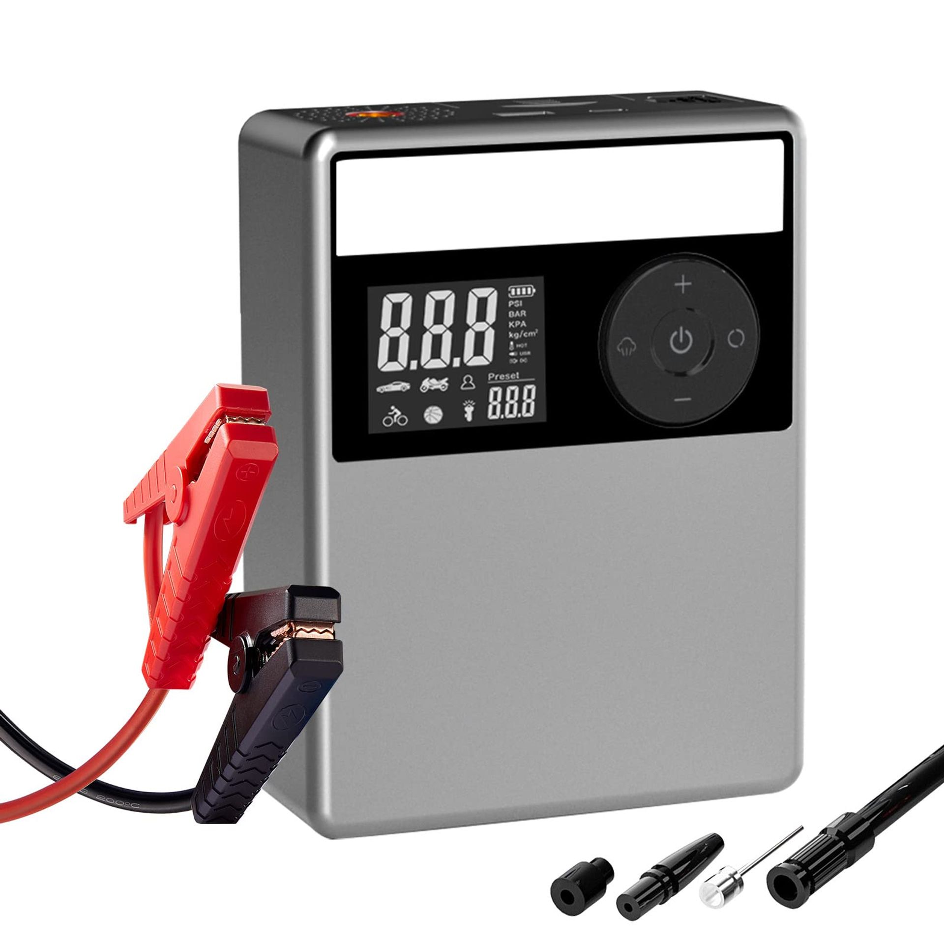 Jump Starter Power Pack 2000A 12V 24000mAh with Air Compressor 150PSI Digital Tyre Inflator and LED Light - Grey 24000mAh+Air Compressor