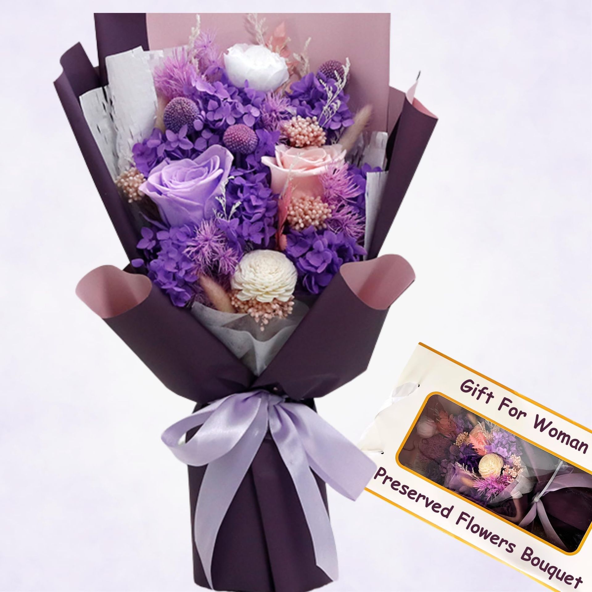 Preserved Flowers Bouquet Gift for Women – Eternal Purple Floral Arrangement, Lasting Alternative to Fresh Flowers for Birthdays & Retirement