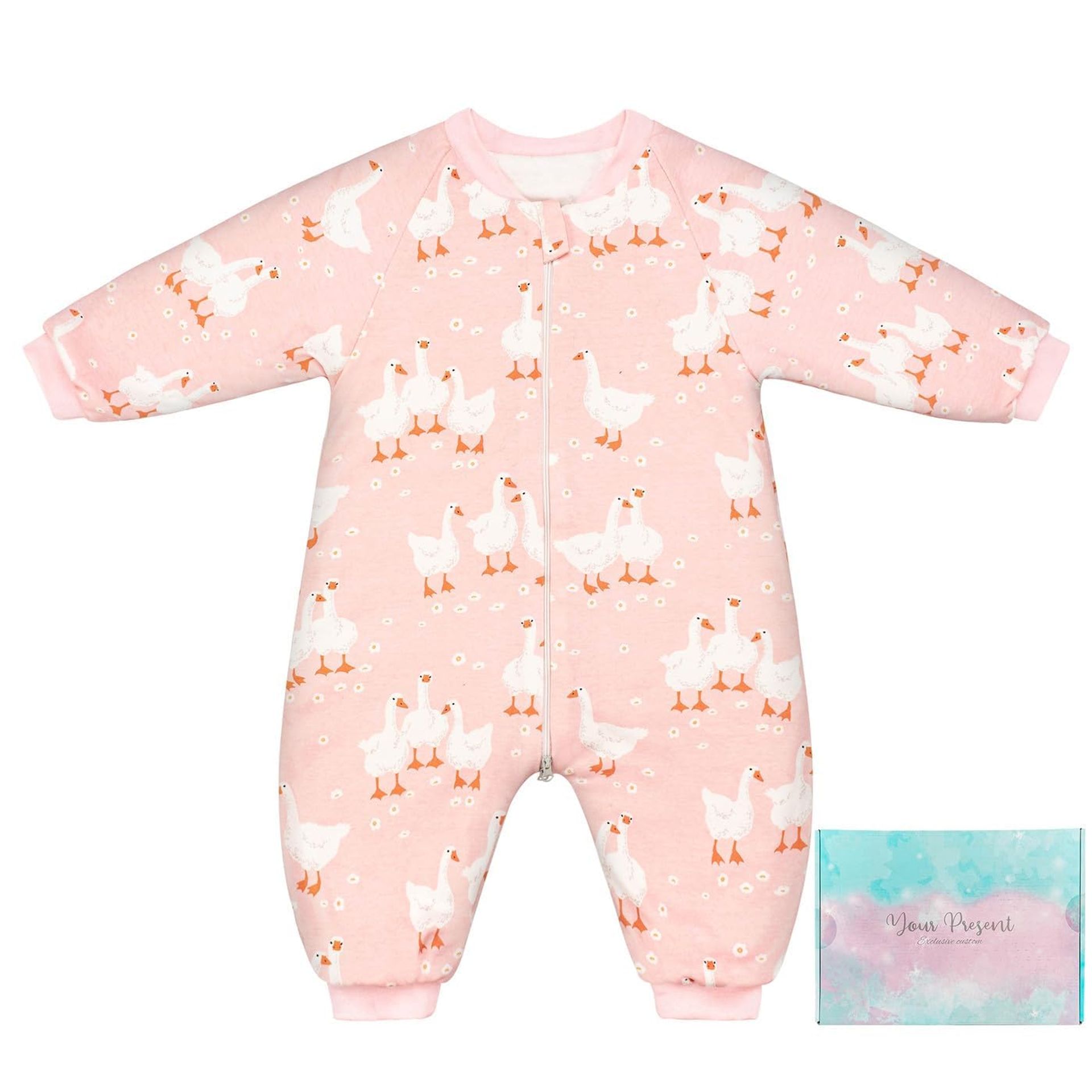SIMYJOY Baby Sleeping Bag 1.5 Tog Toddler Sleeping Bag with Arms 100% Cotton Padded Baby Sleeping Bag with Legs 1-2 Years, Pink Duck
