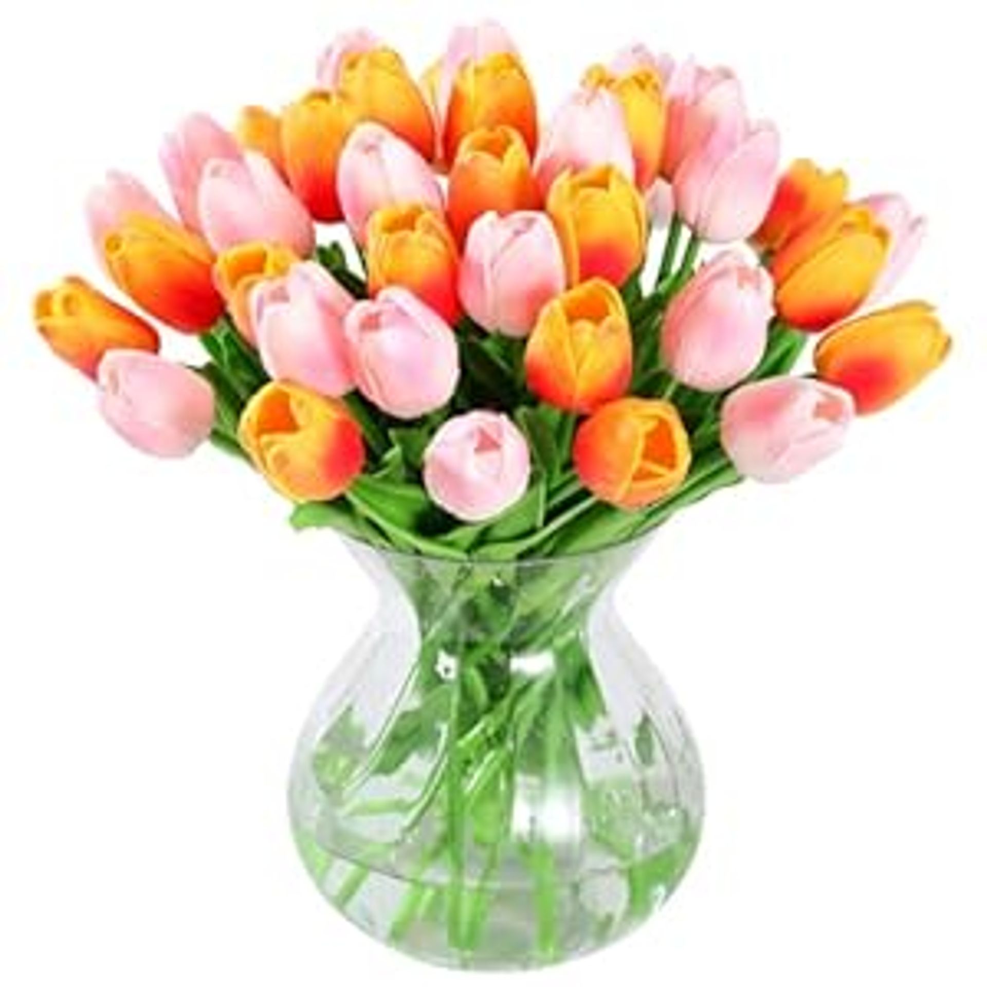 Artificial Tulip Bouquet 40pcs Real Touch Latex Fake Flowers for Home, Wedding and Garden Décor - Orange+Pink 33cm