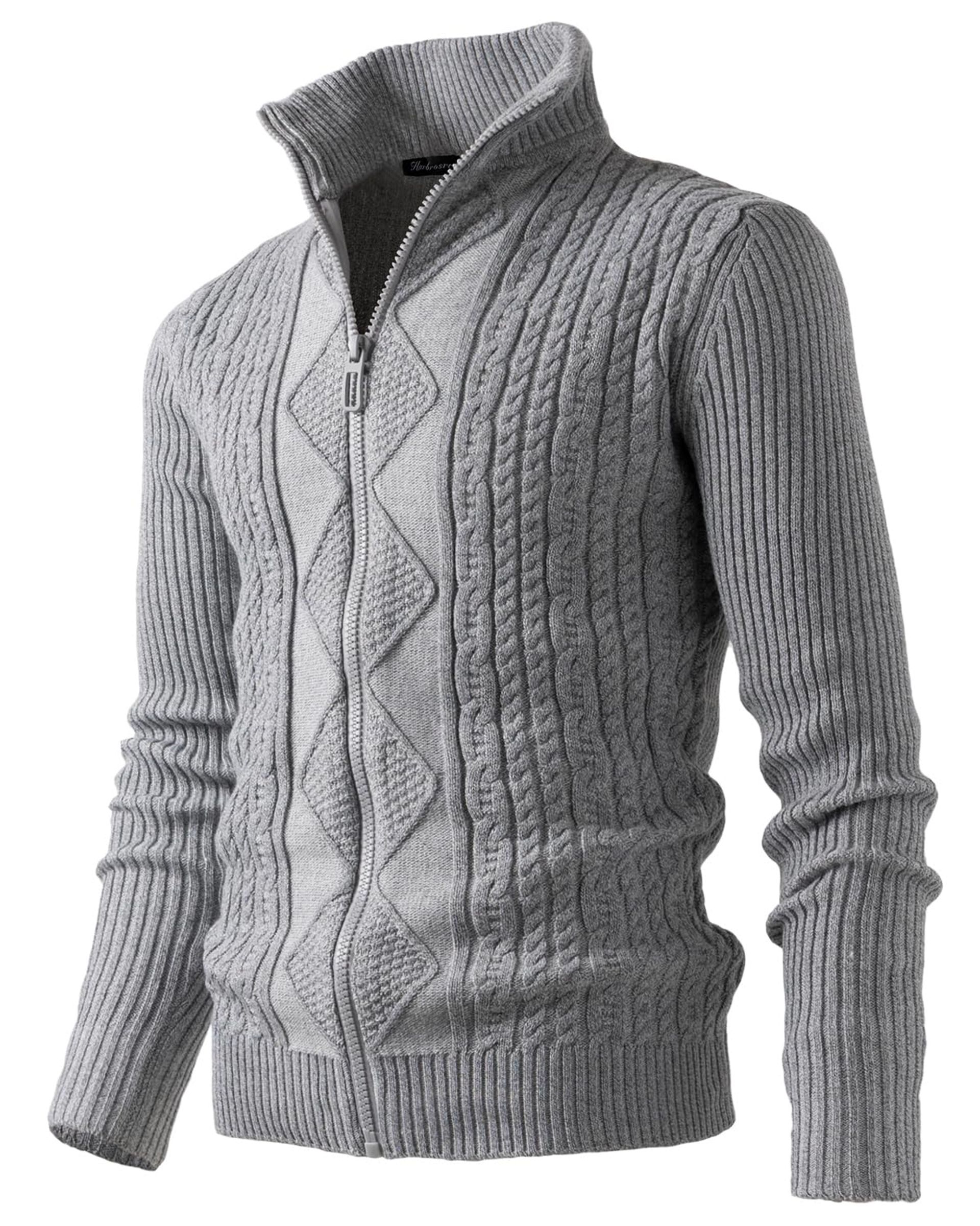 Men's Cable Knit Cardigan Stand Collar Slim Fit Full Zip Jumper Knitwear - Grey XL