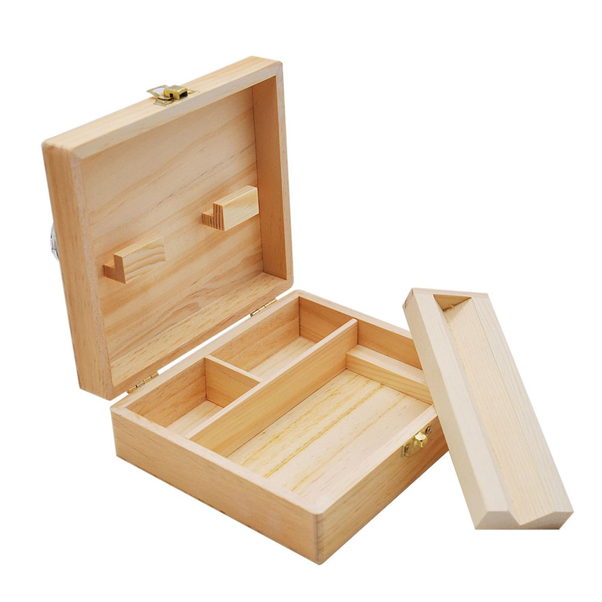 Lockable Wooden Stash Box Bamboo Storage Organiser with Dividers and Hinged Lid - Wood Colour 17x15cm