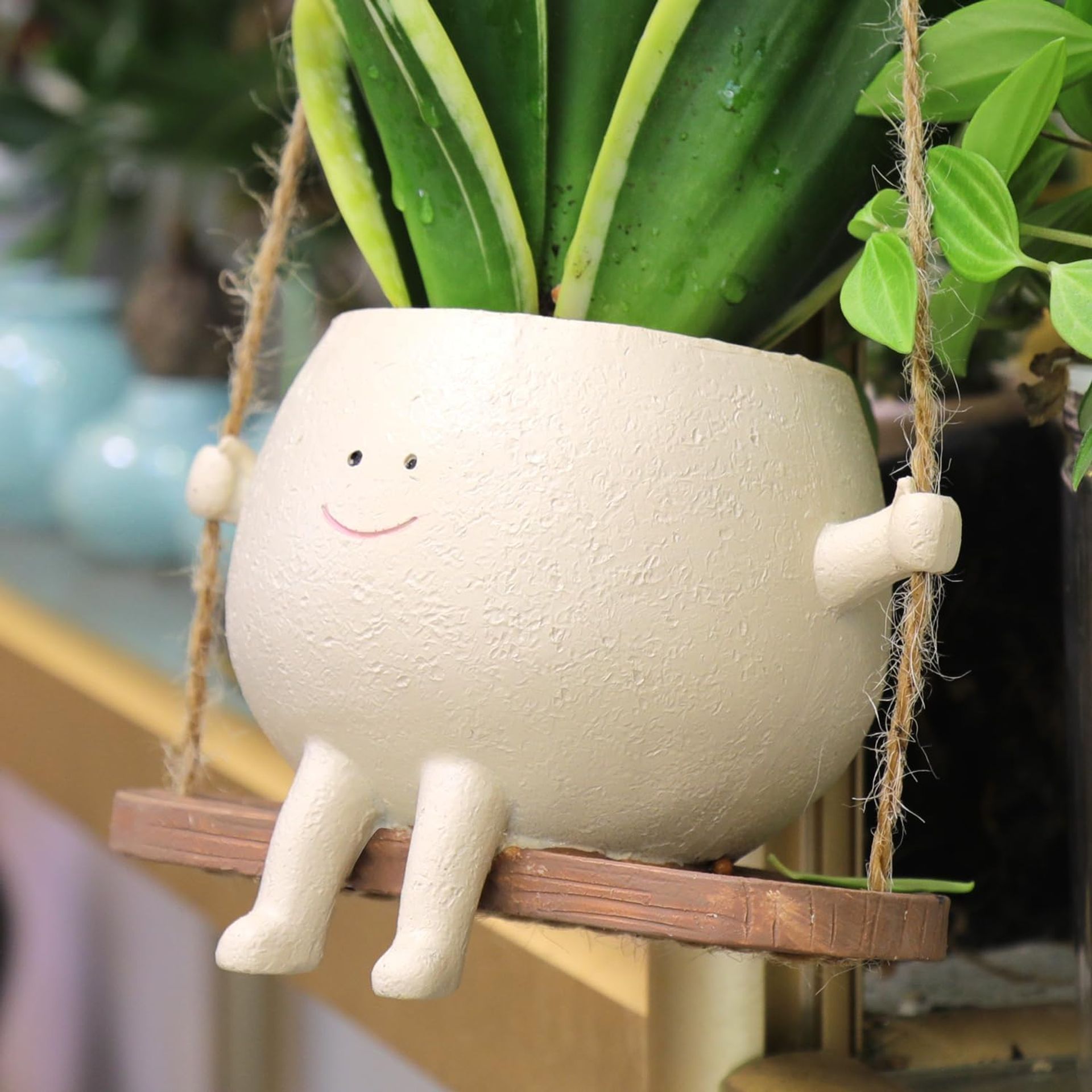 Azazaza Swing Face Planter Pot, 7.4 In Chair Hanging Plant Pots Indoor Outdoor, Cute Resin Succulent Flower Pot Decor for Home Balcony Garden, Mother Gifts (C, L)