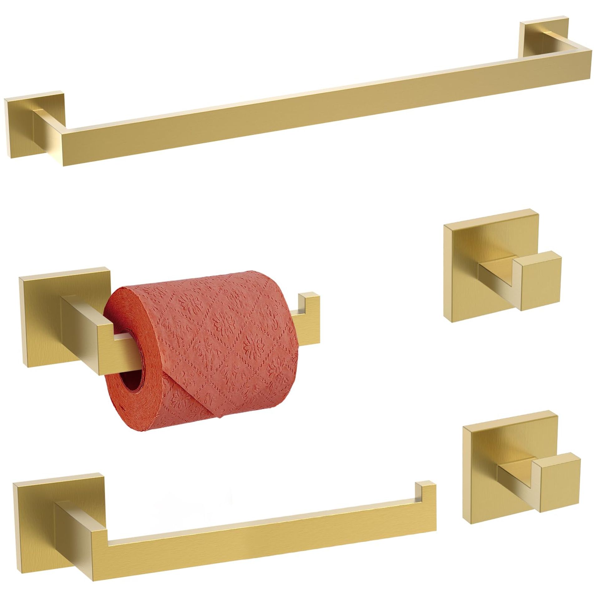 5-Piece Bathroom Hardware Accessories Set Stainless Steel Wall Mounted Towel Bar & Holders - Brushed Gold