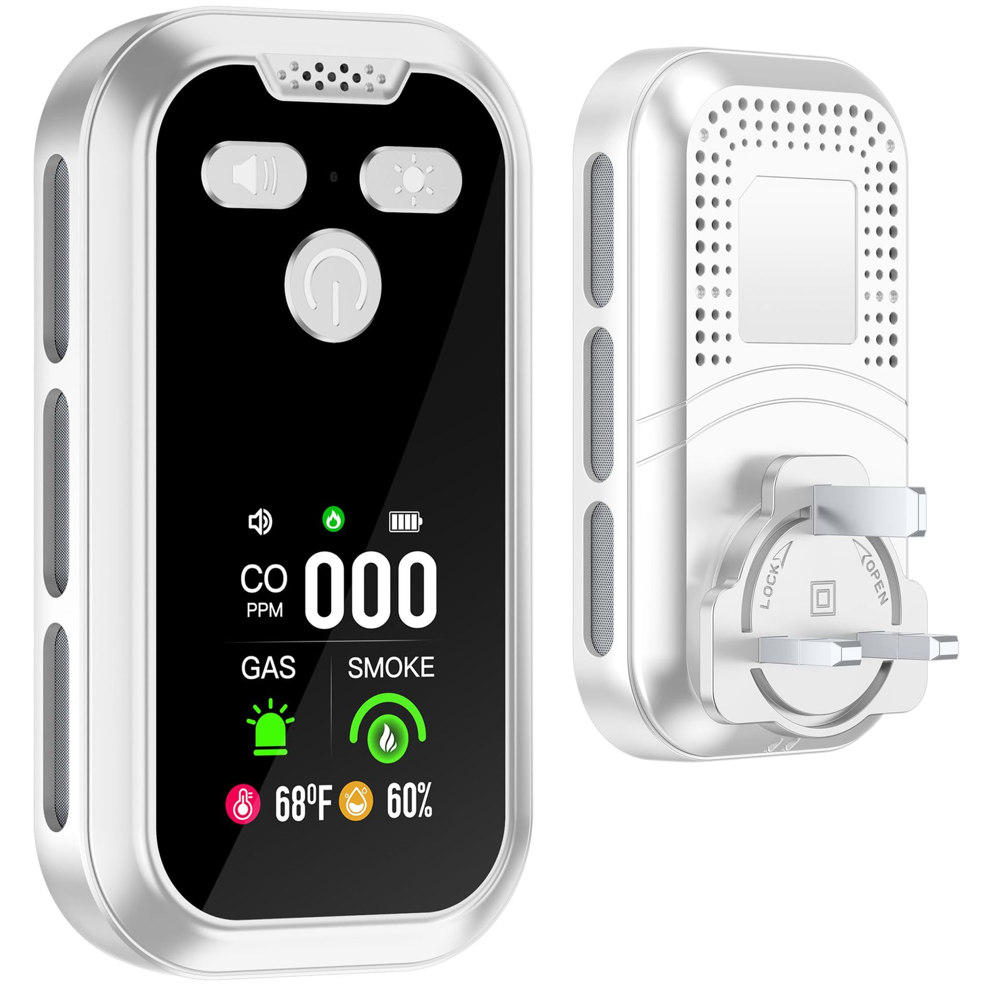 5-in-1 Smoke, Carbon Monoxide & Gas Detector with Temp & Humidity Sensors, Plug-in, Backup Battery