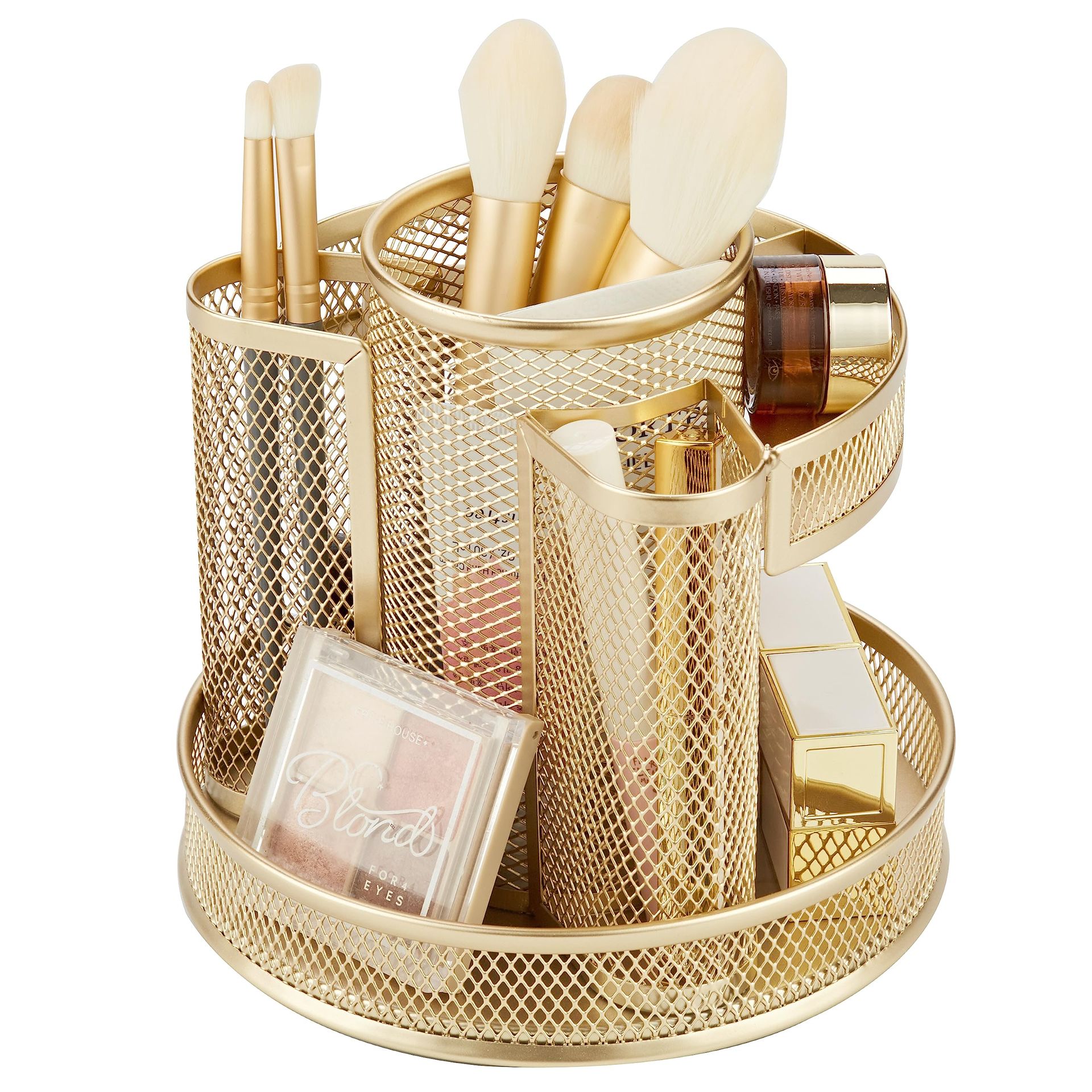 Mesh Desk Organiser with 5 Compartments, Rotating Storage for Office, Home & Classroom - Gold
