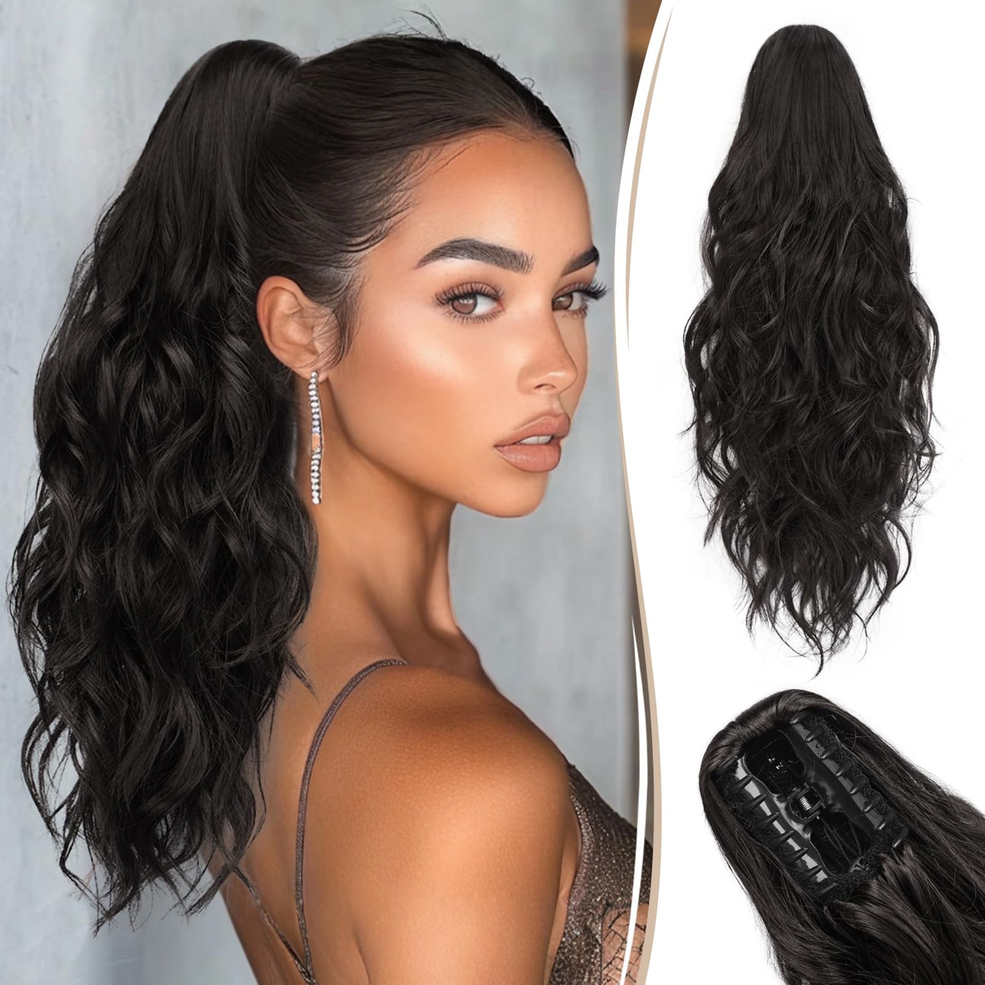 Ponytail Extension 18-Inch Wavy Claw Clip Synthetic Curly Hairpiece for Women - Natural Black 18 Inch