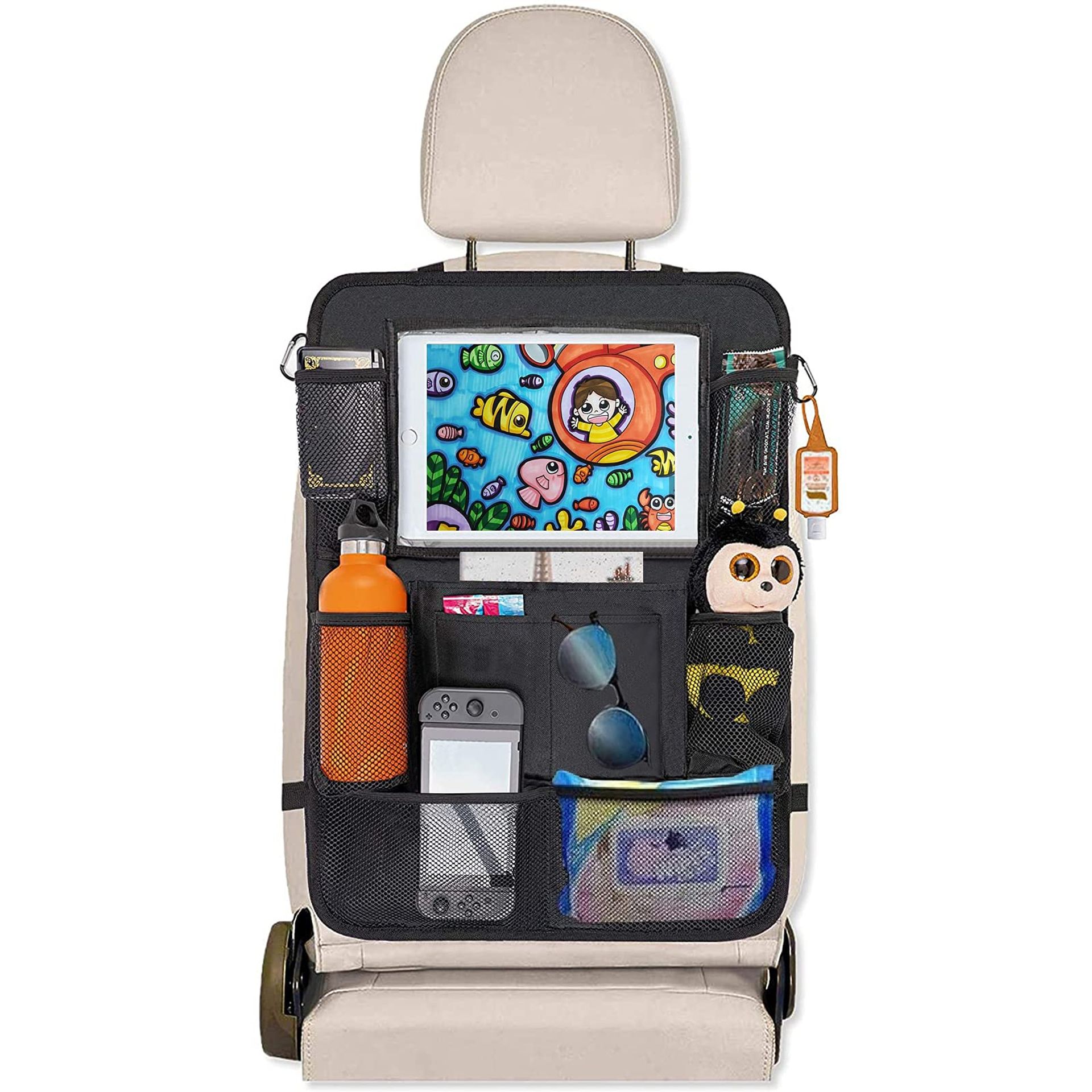 Car Seat Backseat Organiser with Tablet Holder & Kick Mat, 8 Pockets, Water Resistant, 2 Pack - Keep Your Car Tidy