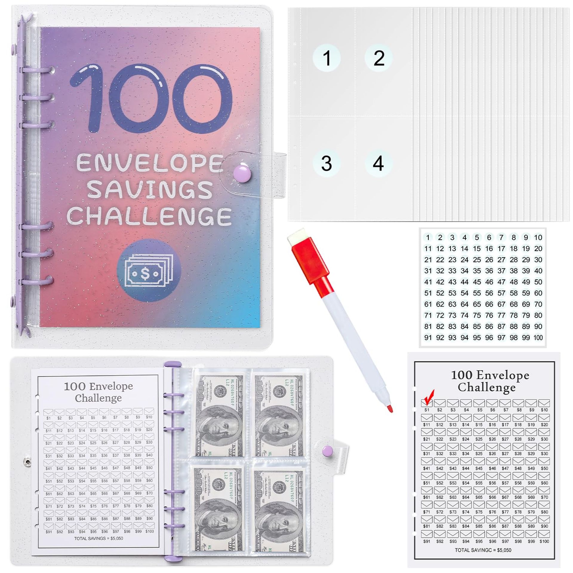 Purple 100 Envelopes Money Saving Challenge Binder - Save £5,050 with Ease