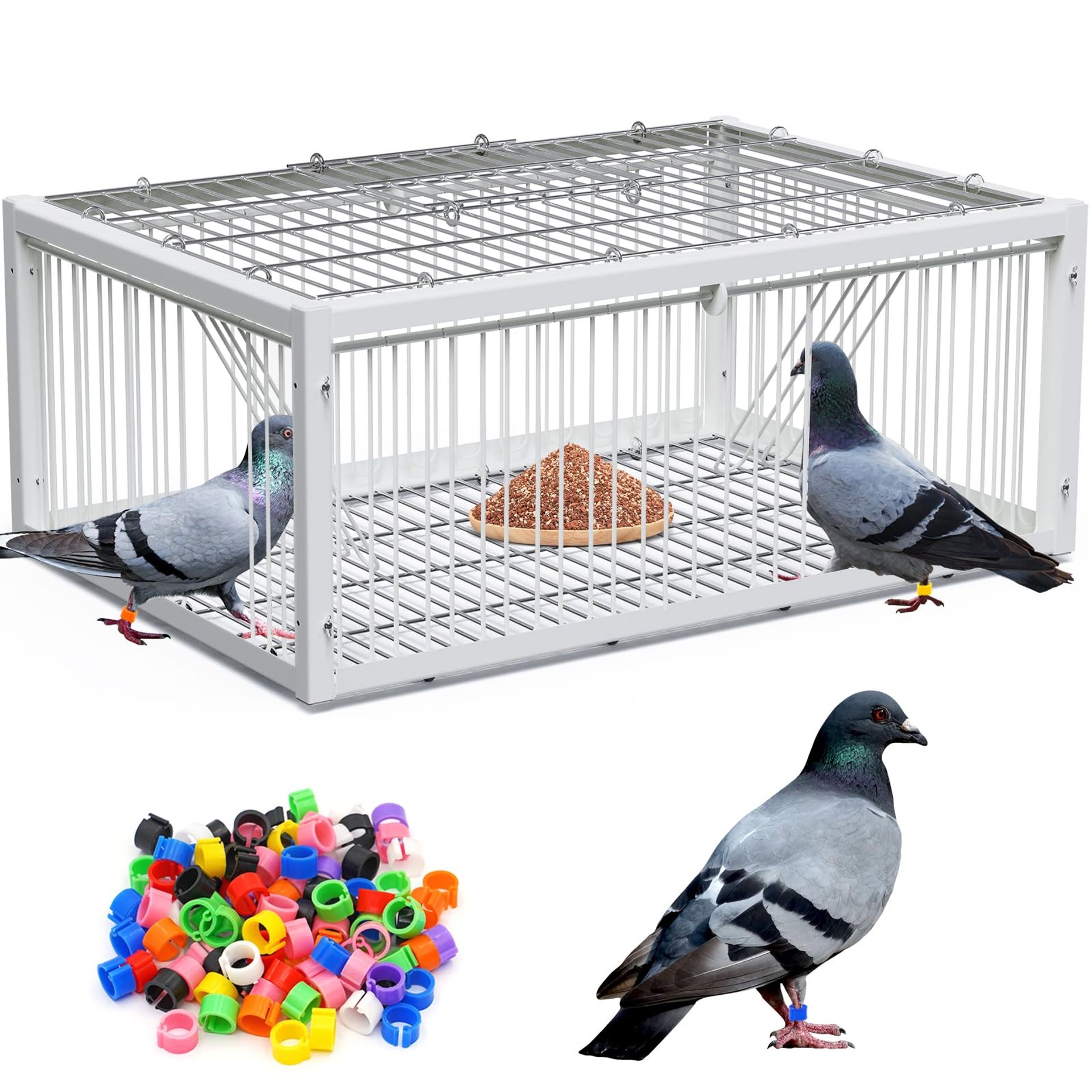 Folding Pigeon Trap Cage with One-Way Entry, 200 Foot Rings, 4 Channels – 64x44x26cm Bird Catcher for Pigeons, Parrots & Chickens