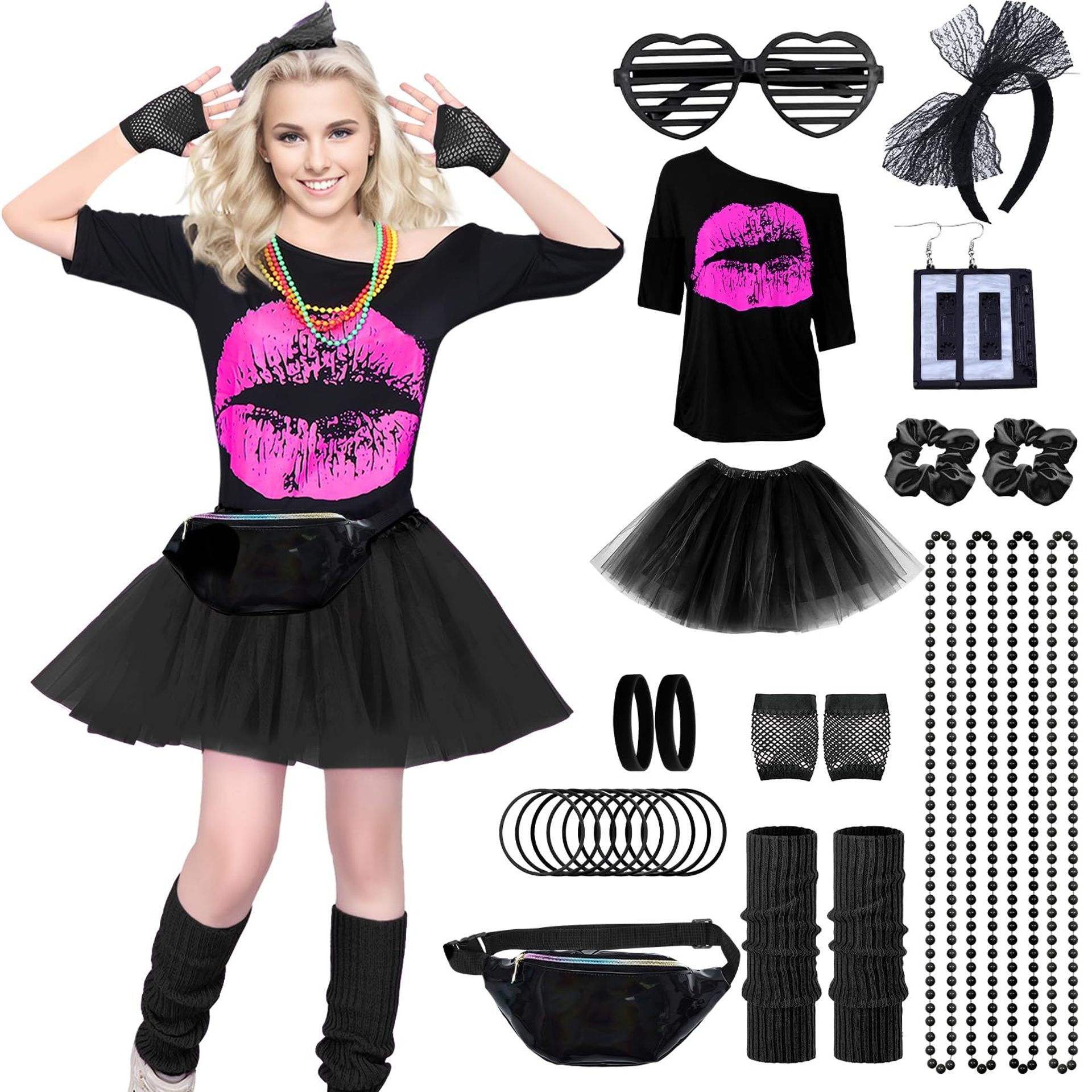 ladies 80s fancy dress costumes Costume Accessories Set Komar black dressing gown with huge red plaid bow