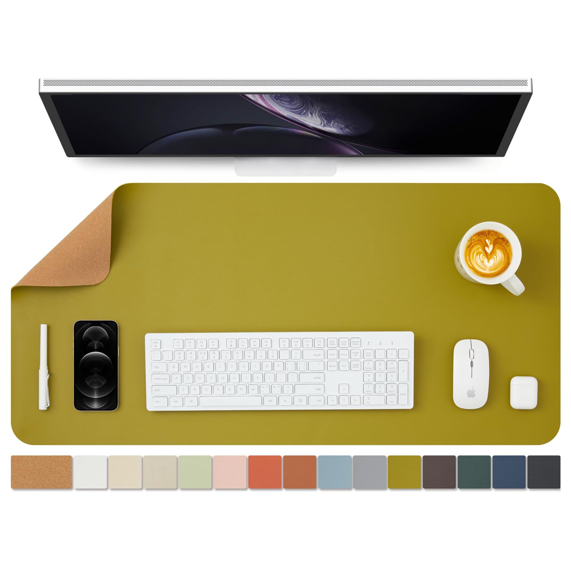 Dual-Sided Cork Desk Mat - Large Olive Green Desk Pad for Office & Home - Ideal for Mouse & Desk Organisation