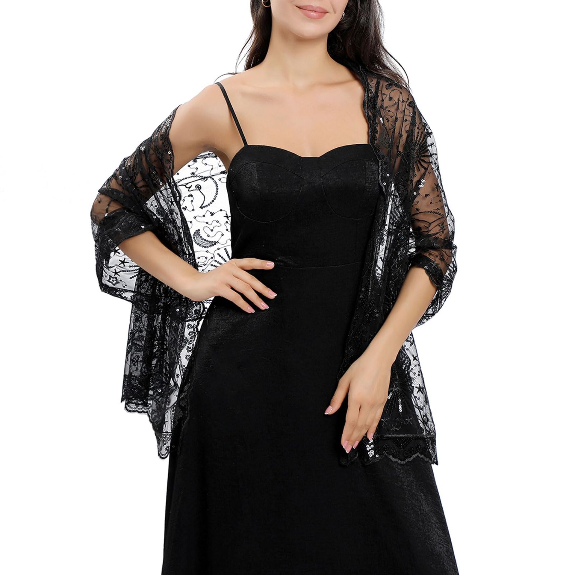 Women'S Sequin Stars & Moons Shawl Lightweight Sheer Wrap For Evening Dre