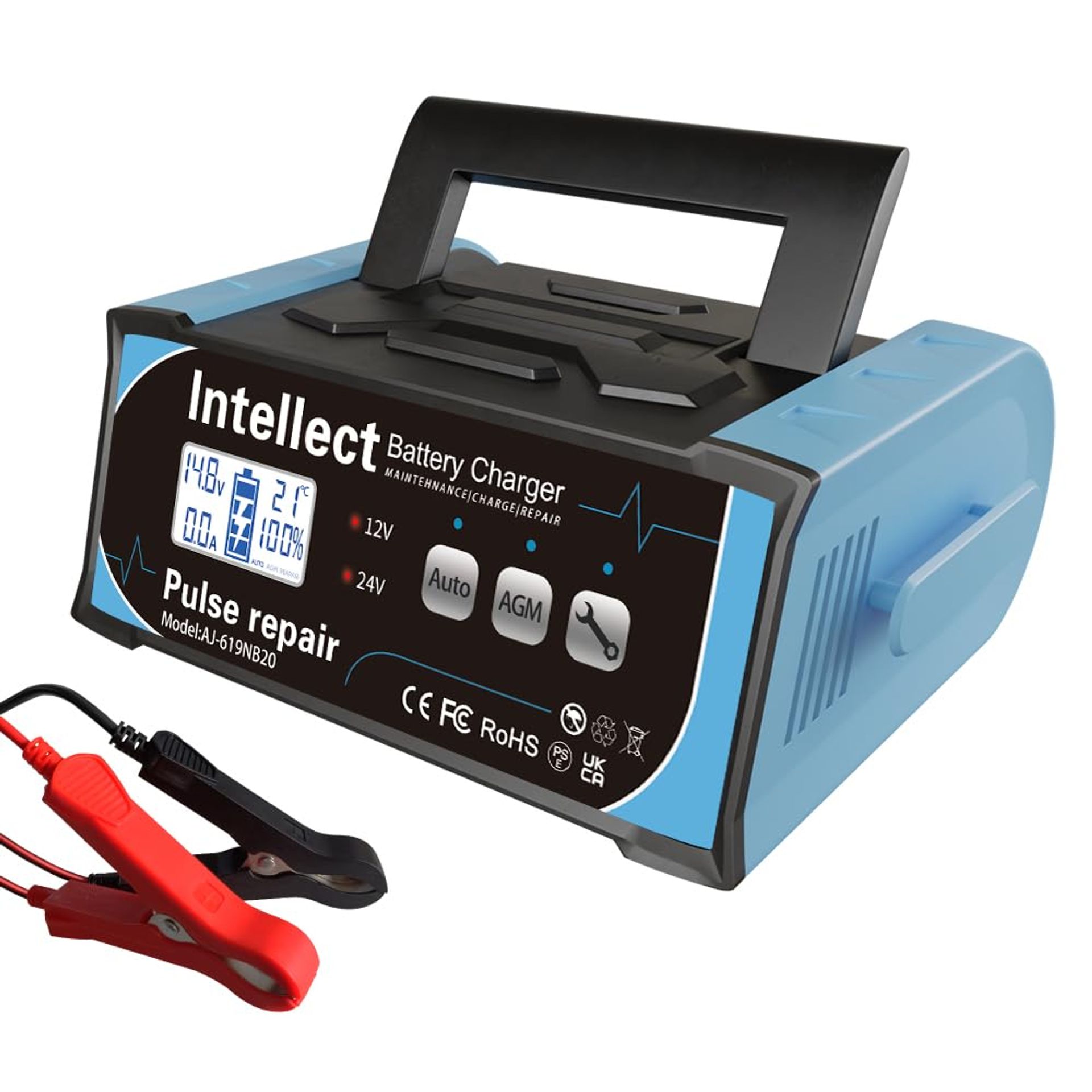 Portable 12V/24V Car Battery Charger Fast Charging for AGM & Lead-Acid Batteries 200W UK Spec - Blue