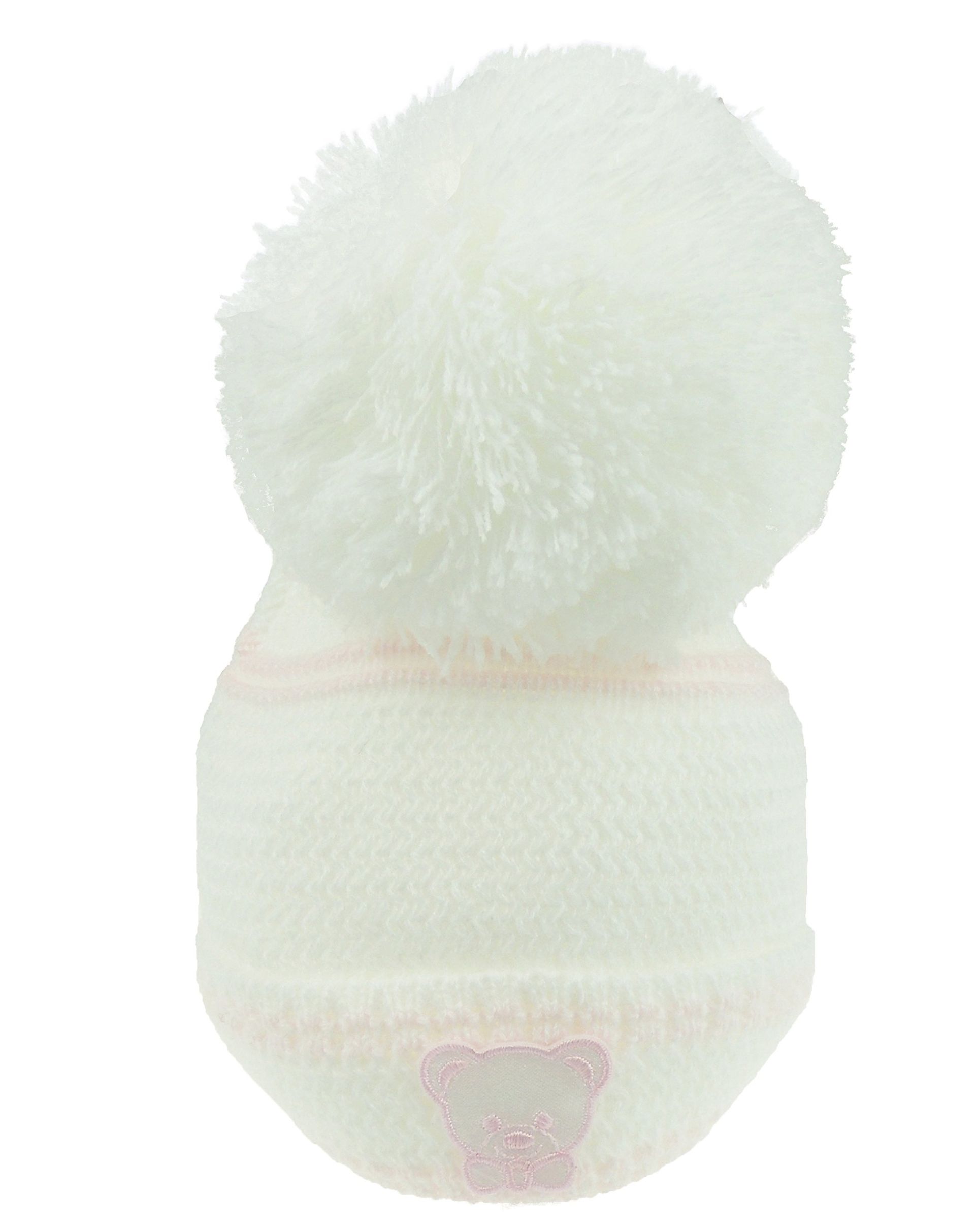Warm Chunky Knitted Baby Beanie Cap with Pom Pom - Newborn to 6 Months (White & Pink)