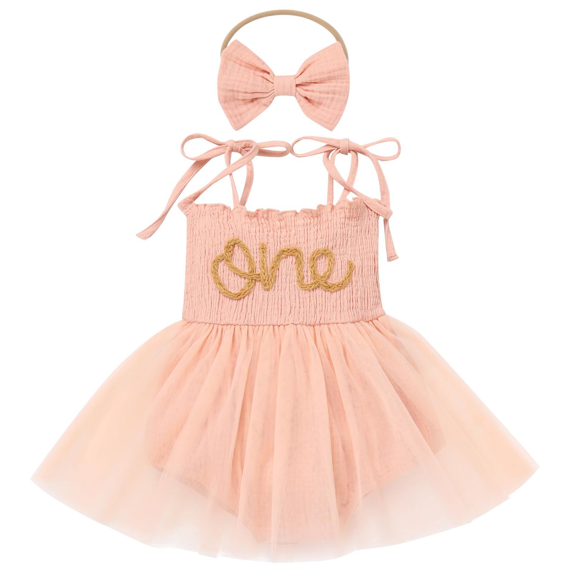 Baby Girls Tutu Dress Romper with Layered Tulle and Bow Headband 2pcs Set - Peach/Pink 6-12 Months