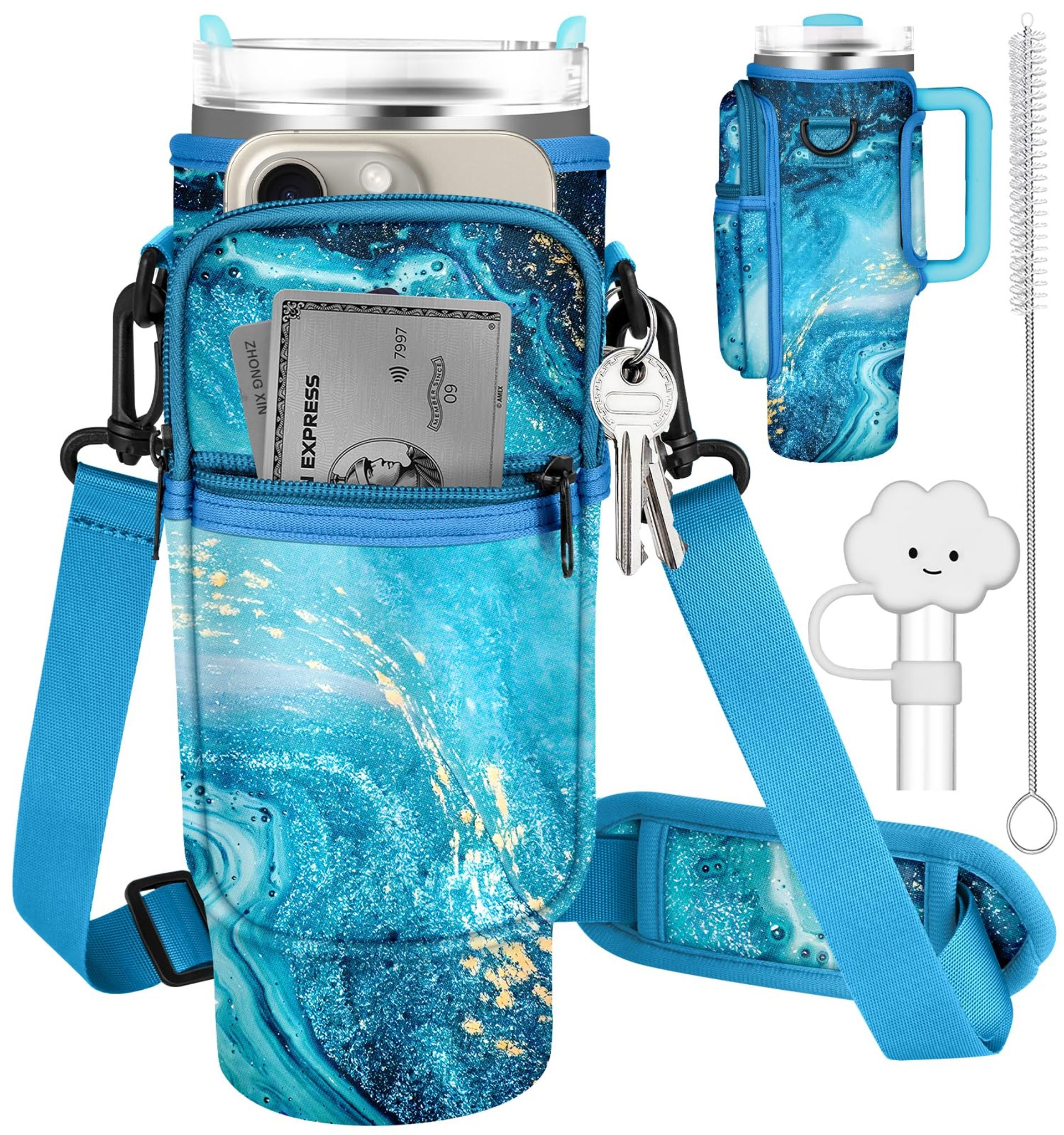 Water Bottle Holder Carrier Bag for Stanley 40oz Cup with Adjustable Strap, Phone Pocket, Straw Cover and Cleaning Brush - Butterfly Colours 1000ml