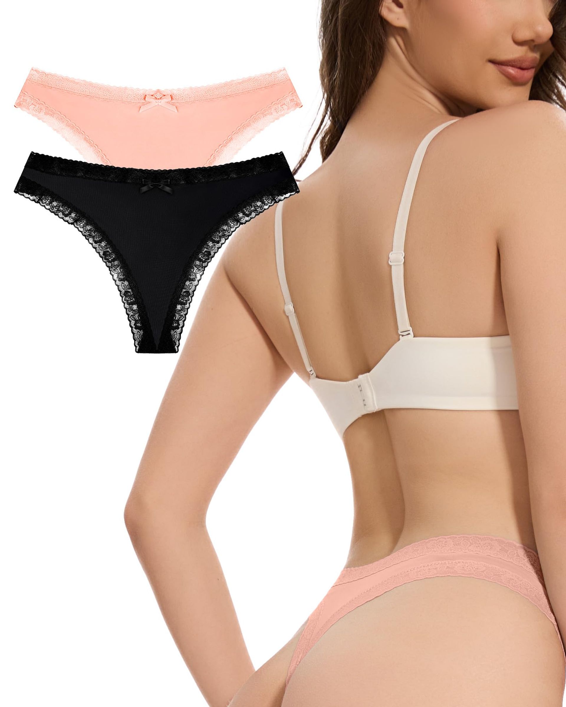 Women's Lace Thongs Seamless Ultra-Thin Breathable Comfortable Knickers No VPL - 4 Pack (2 Black + 2 White) M