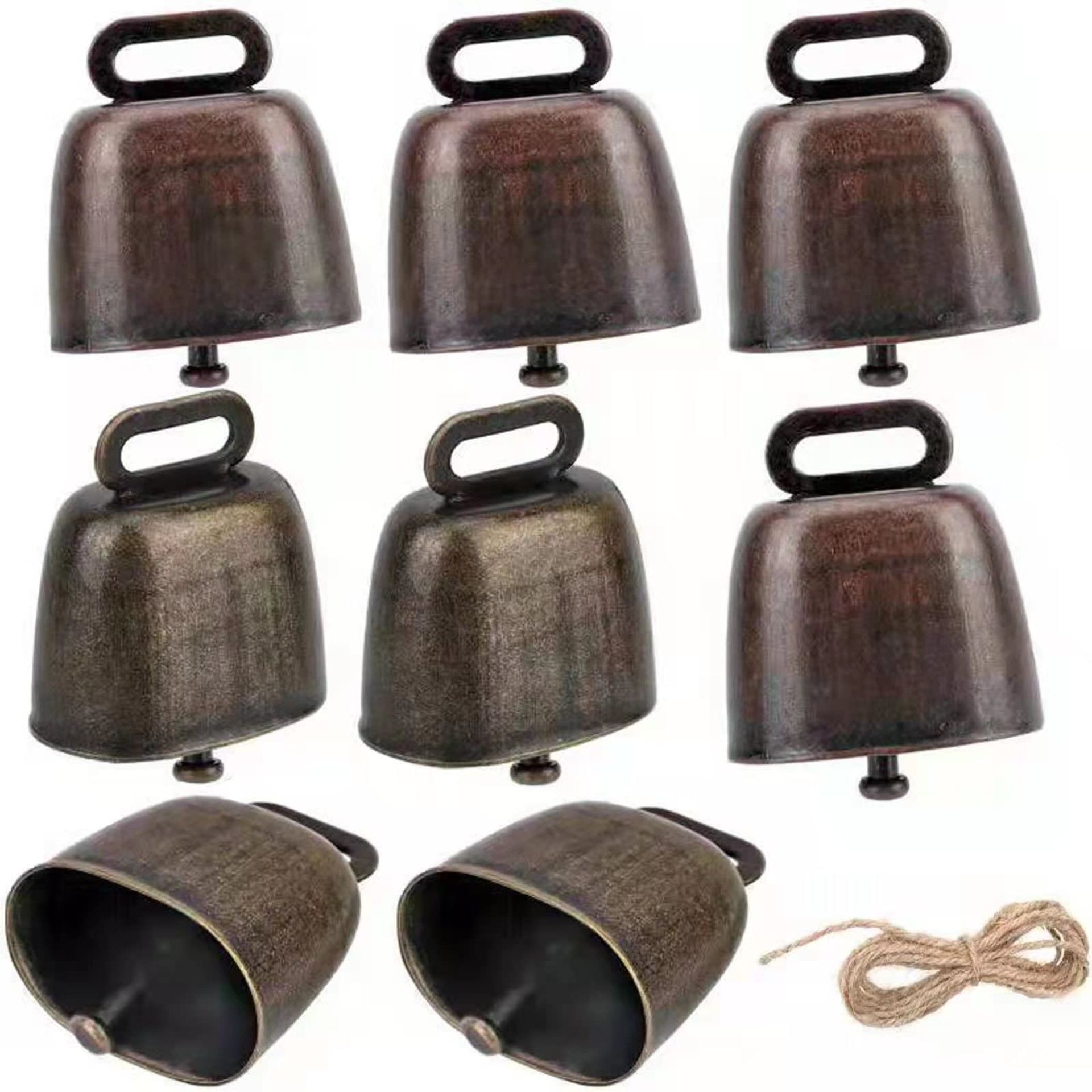 8 Pcs Loud Bronze Cow Bells with 3m Rope, Red Bronze Anti-Theft Animal Farm Accessories for Cattle and Goats