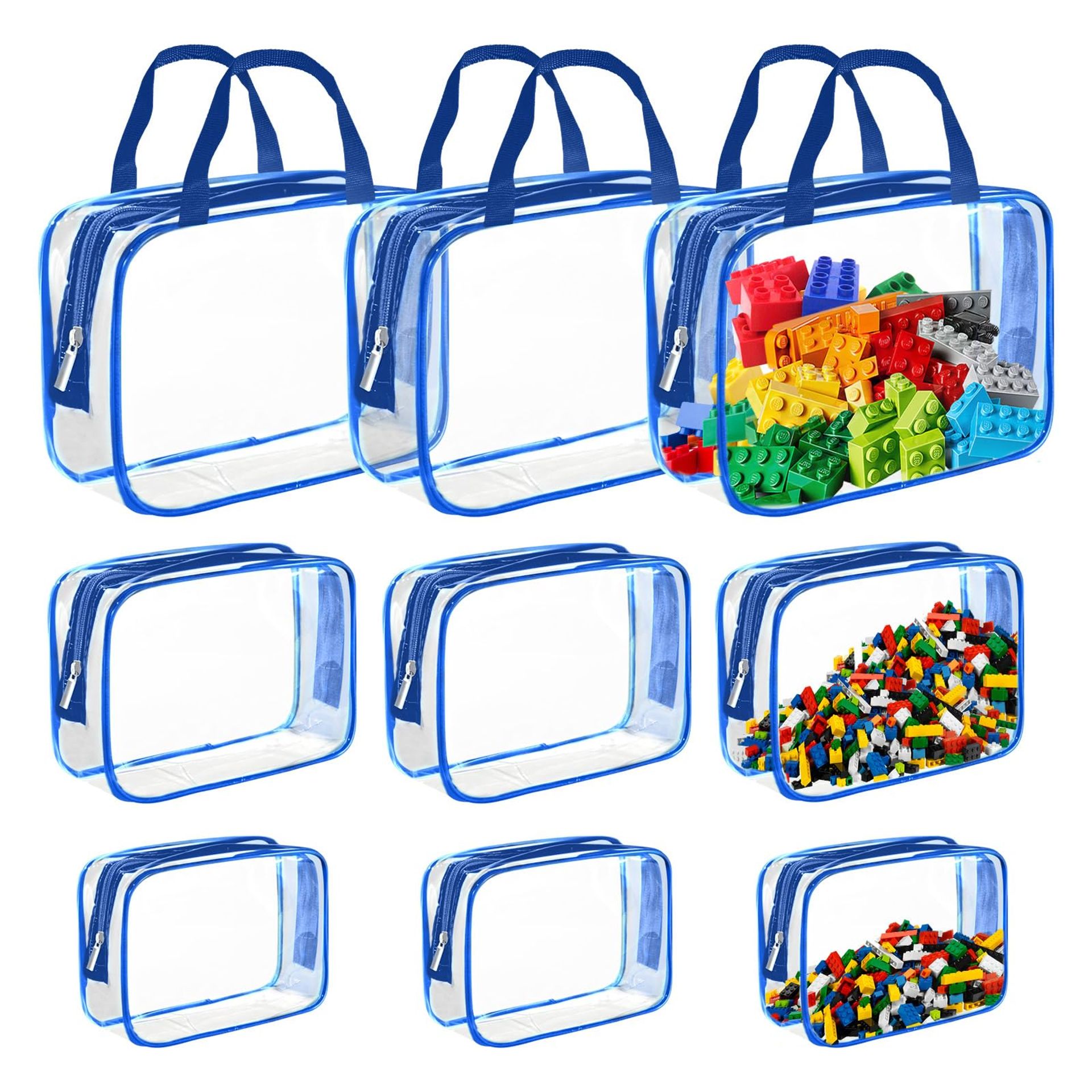 Clear PVC Toy Storage Bags Waterproof Zippered Organiser with Handles Set of 9 - Blue S
