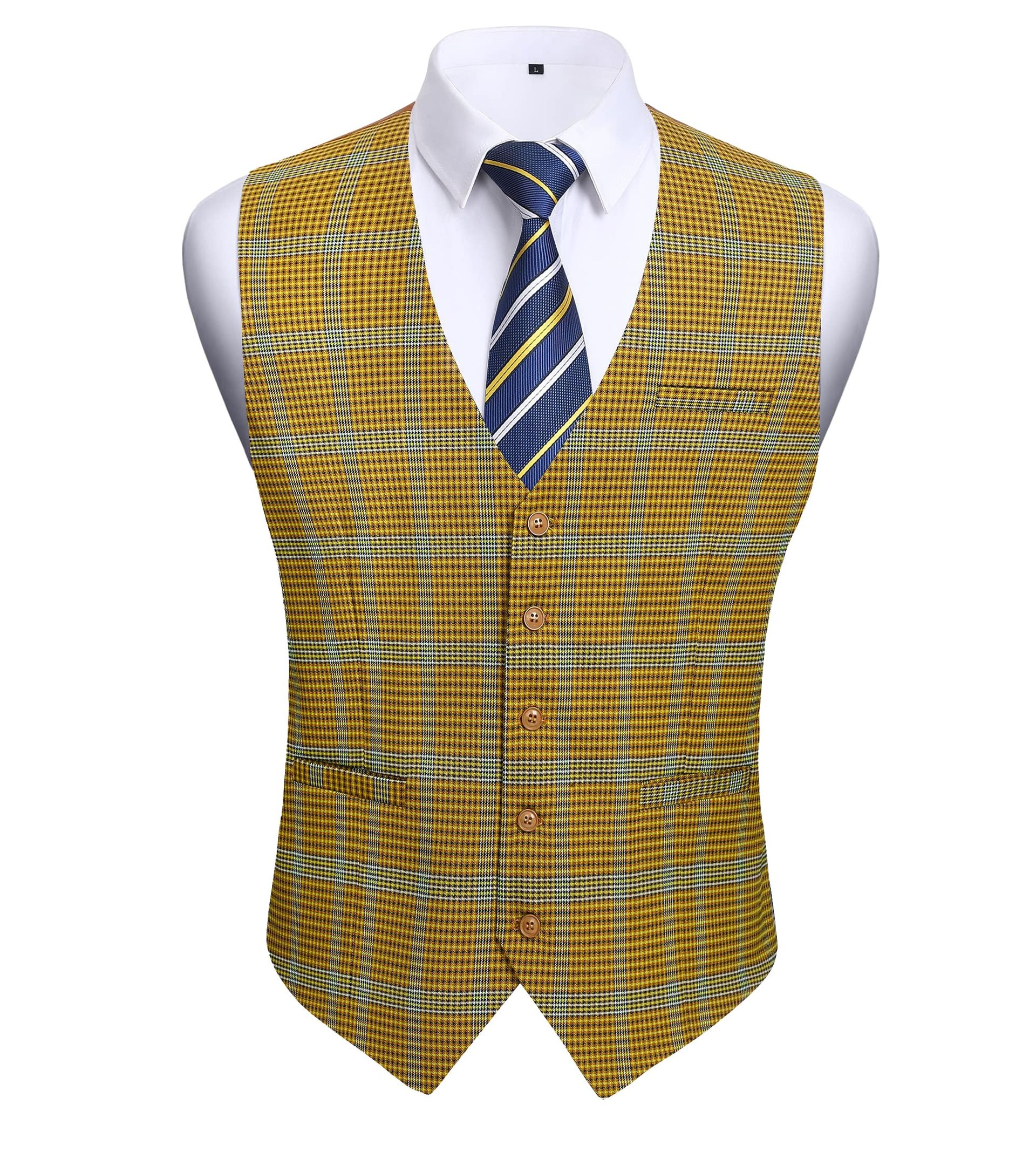 Men's Formal Plaid Waistcoat Classic Check Suit Vest with Pockets for Wedding, Party or Business - Yellow XL