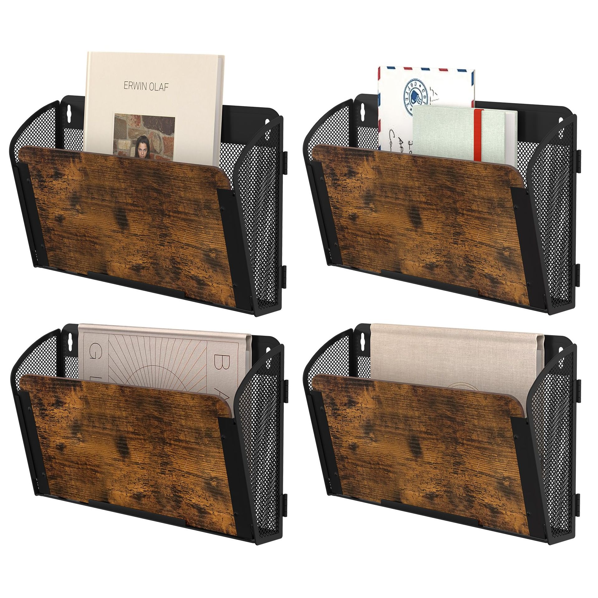 4-Pocket Wood Desk Tidy Organiser Wall Mounted Document Holder Metal Magazine Storage Rack for Office or Home - Black/Antique 4 Pockets