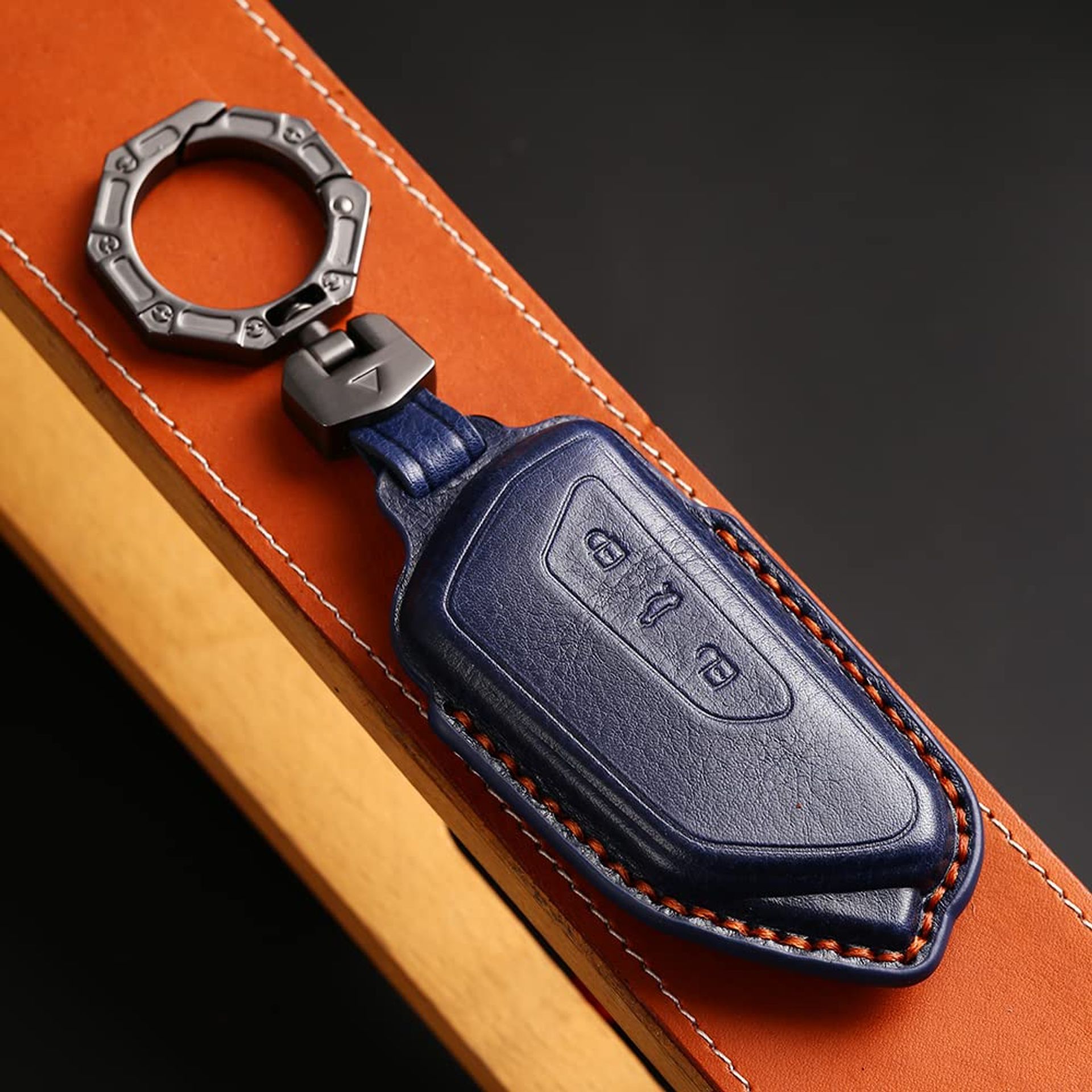 Car Key Fob Cover Fit for VW ID.3 ID.4 Golf 8 Seat Leon Tarraco Skoda Octavia Leather Smart Key Case Keychain - Blue