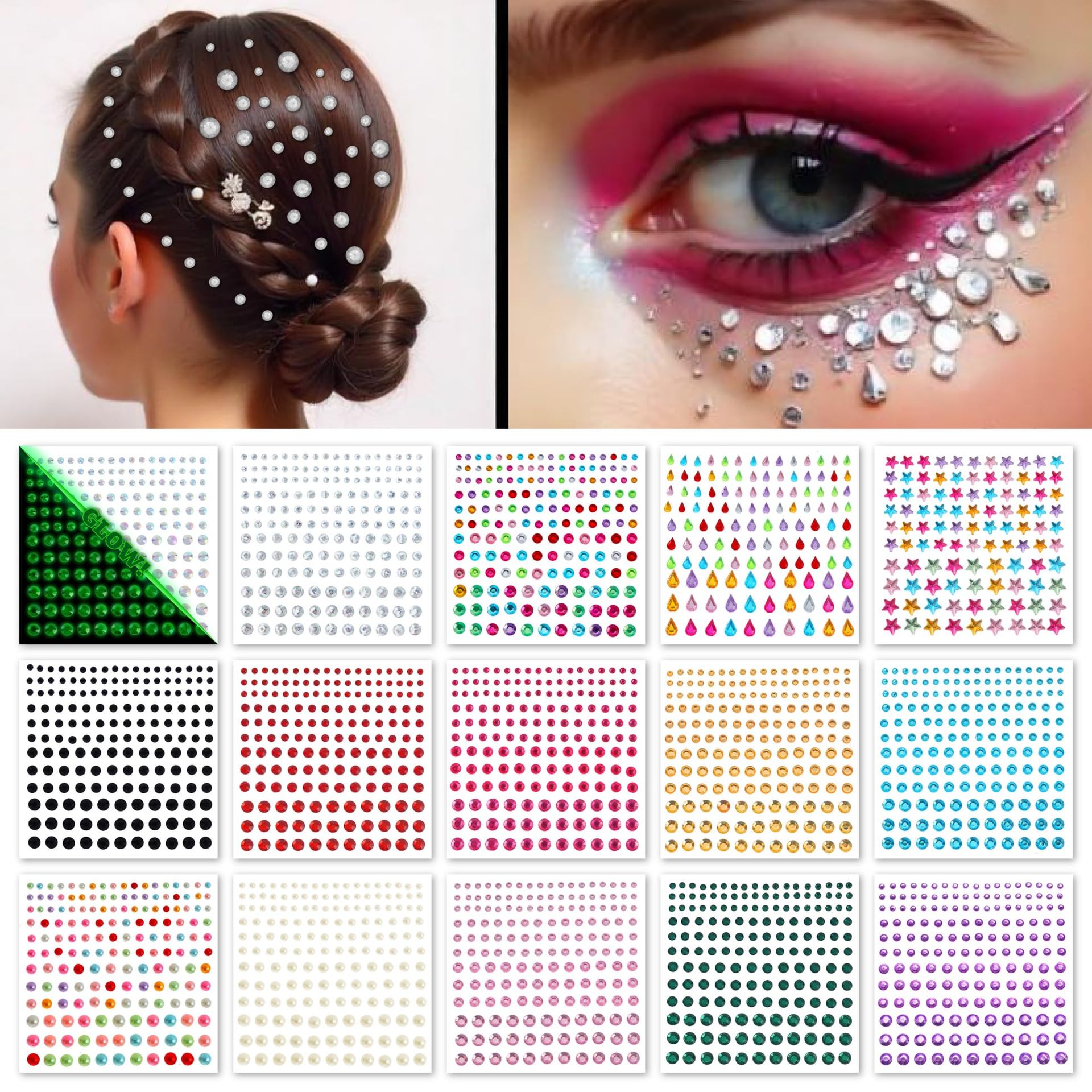 15 Sheet Self-Adhesive Rhinestones for Eyes, Body, Nails - Festival Makeup & Party Glamour Set