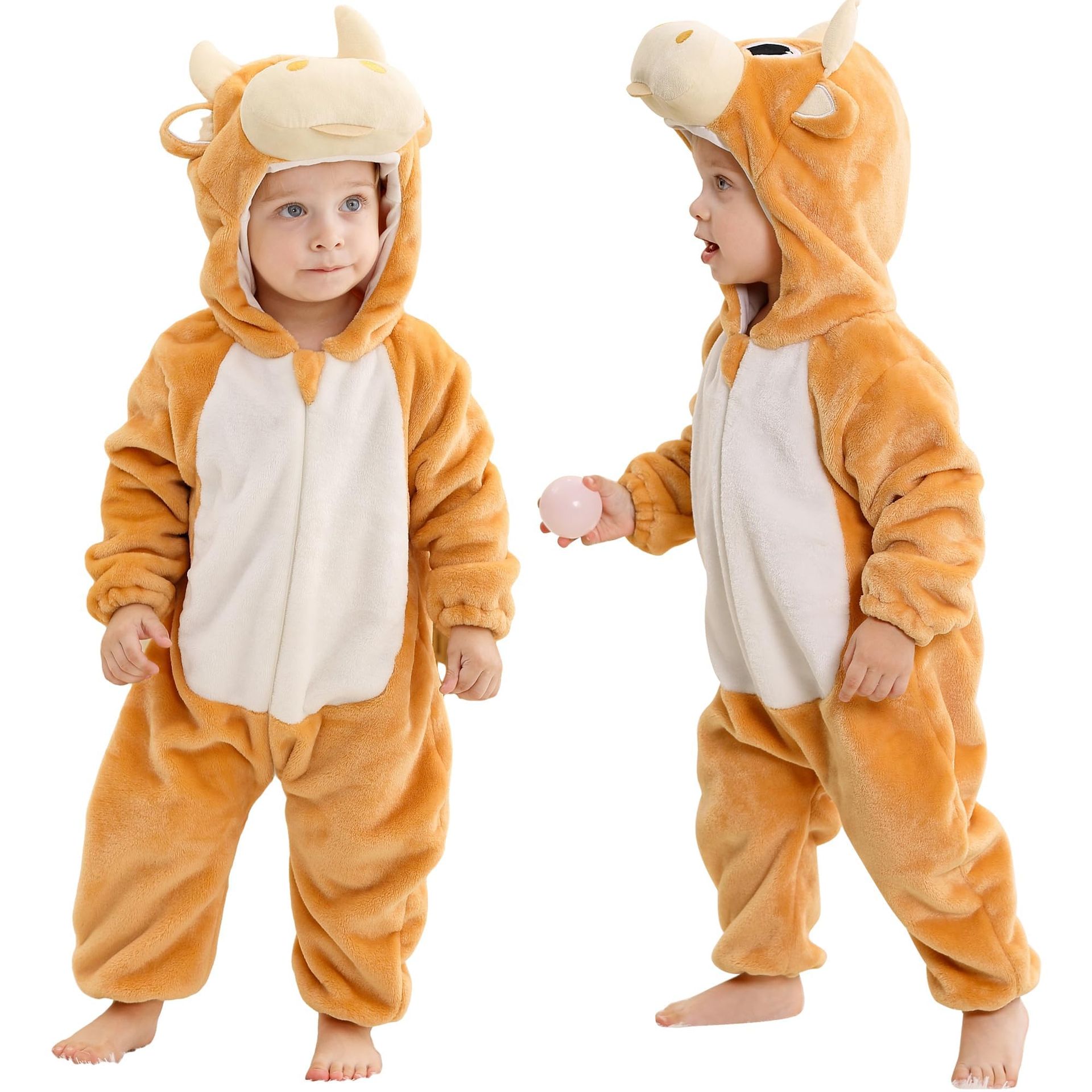 Baby Flannel Cartoon Hooded Romper Zipper Toddler Jumpsuit Soft Warm Outfit - Cattle 24-30 Months