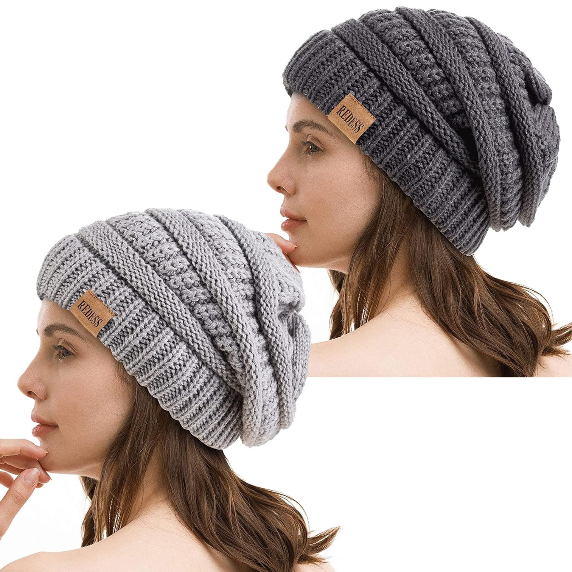 Women's Winter Slouchy Beanie Hat Soft Chunky Cable Knit Warm Cap - Dark Grey+Grey One Size