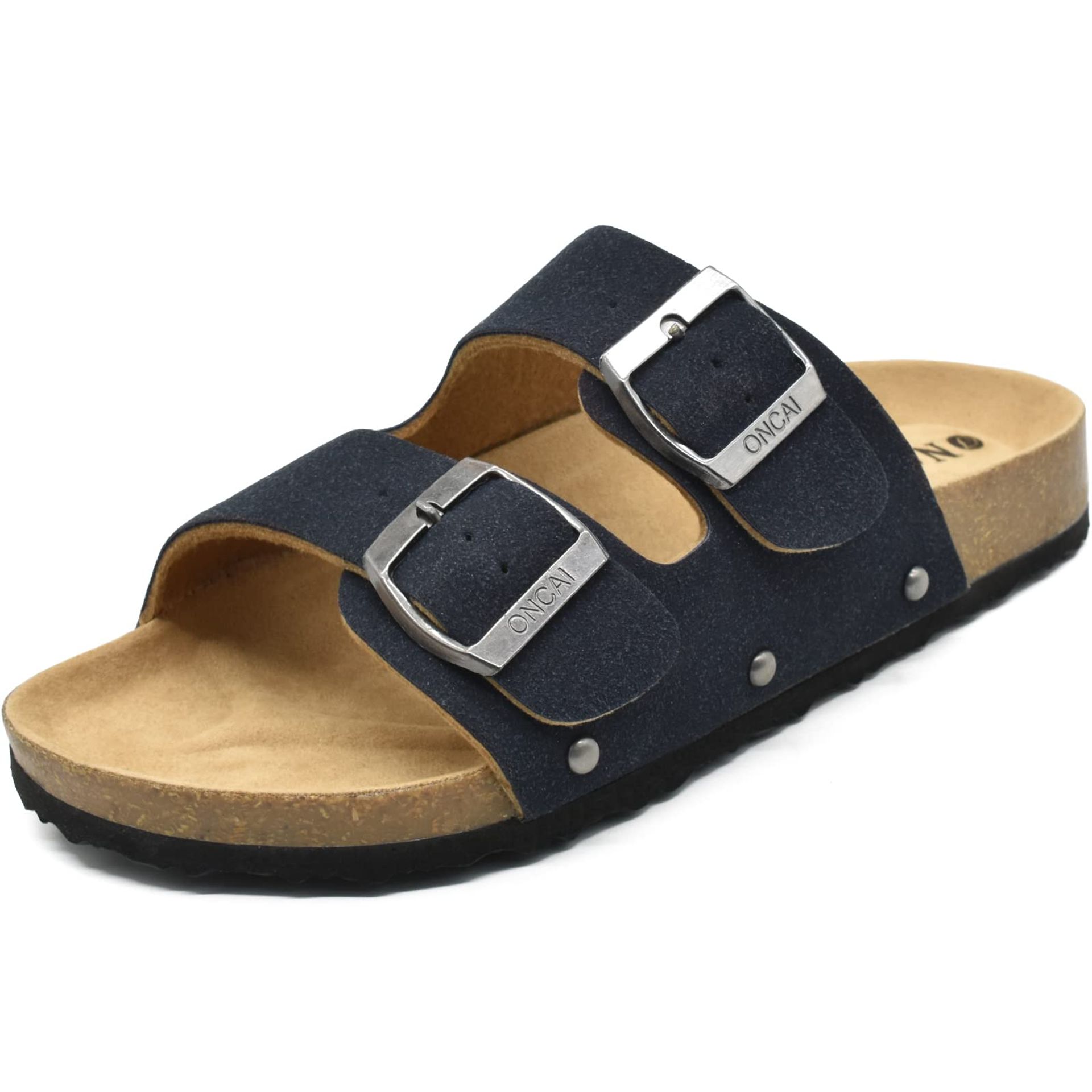 Women's Flat Slide Sandals Vegan Leather Double Buckle Cork Footbed Mules - Blue 5 UK