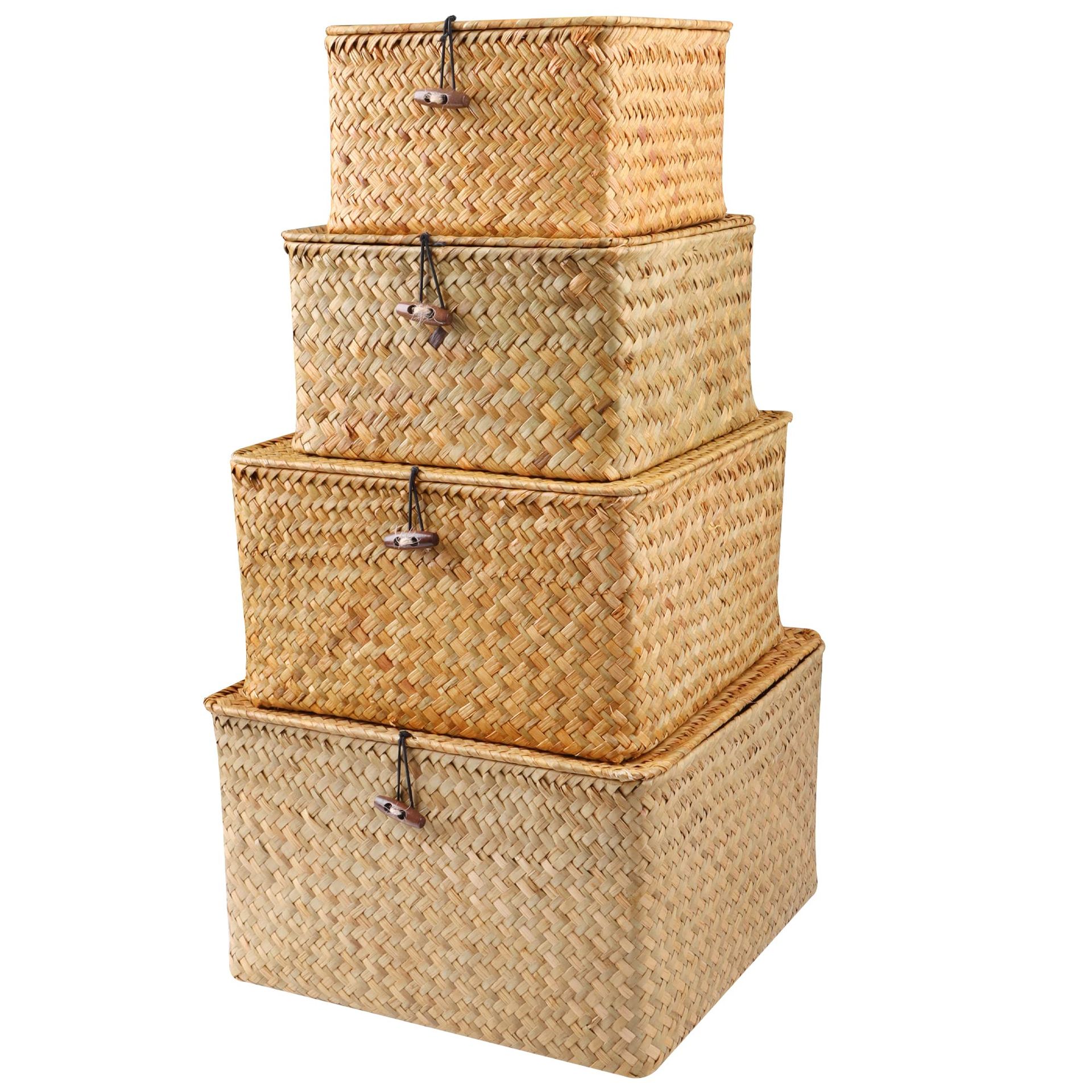 4 Piece Wicker Storage Baskets with Lids – Seagrass Woven, Stackable Rattan Organisers for Home & Office Shelves (Natural)