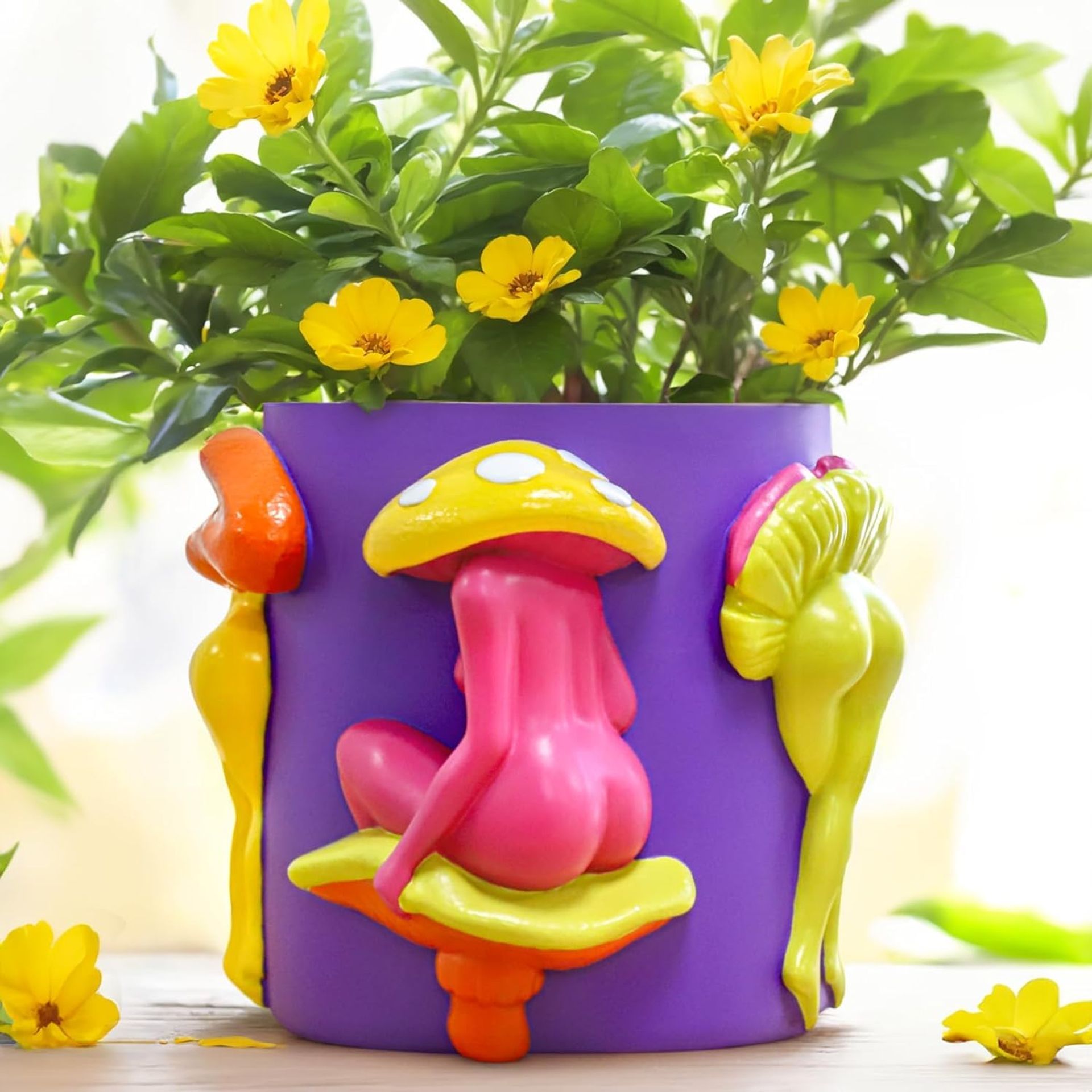 Cute Mushroom Lady Body Plant Pot with Drainage Hole – Whimsical Indoor Succulent Planter, Boho Garden Décor, 5 inch, Purple