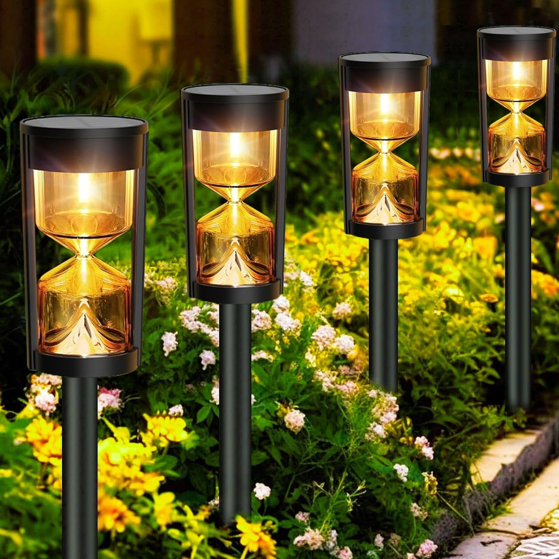 Solar Garden Lights Outdoor Waterproof Sandglass Design Auto On/Off Warm White Pathway Stake Set of 4 - Black PLSL