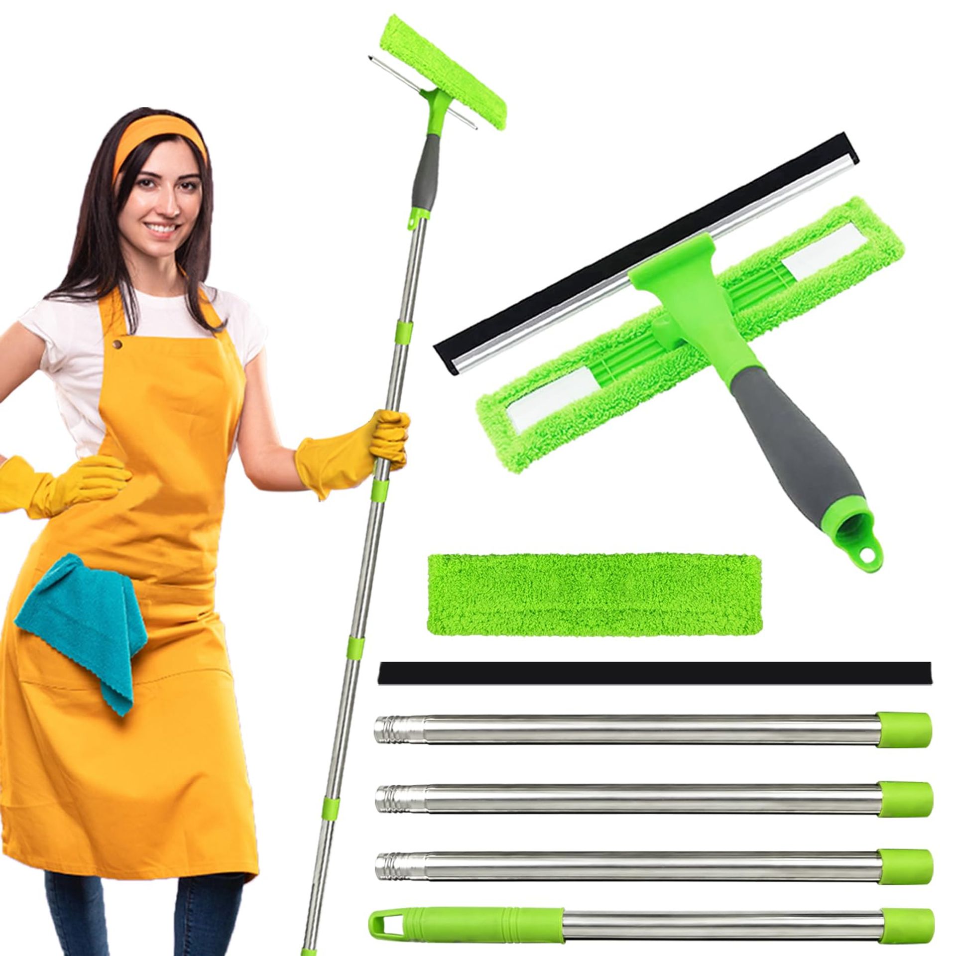 2-in-1 Window Cleaning Kit with Extendable 1.7m Pole, Microfiber Cloth & Squeegee Strips