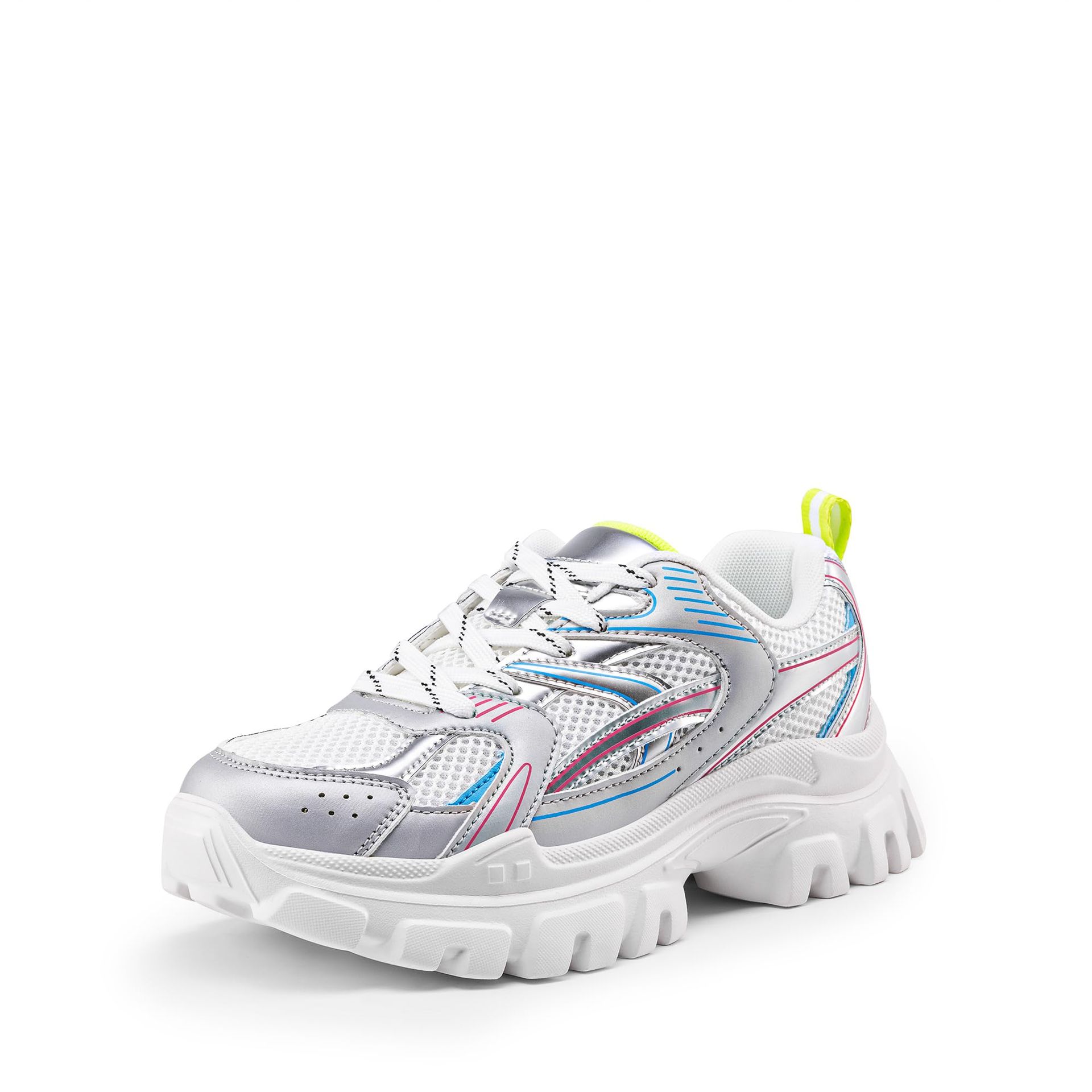 Women's Chunky Platform Trainers with Cushioned Insole & Breathable Mesh – White/Silver Size 7