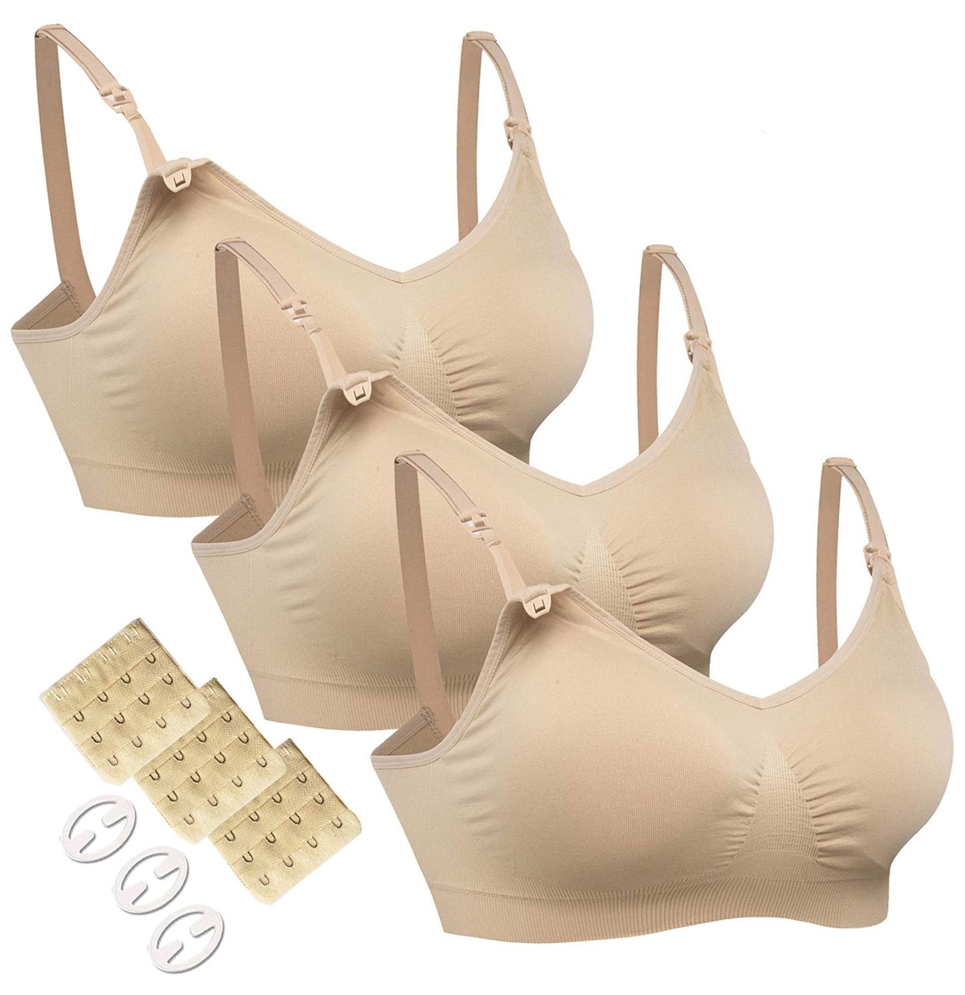 Maternity Nursing Bras Seamless 3 Pack with Extenders & Clips Soft Support Bralette for Breastfeeding - Beige S