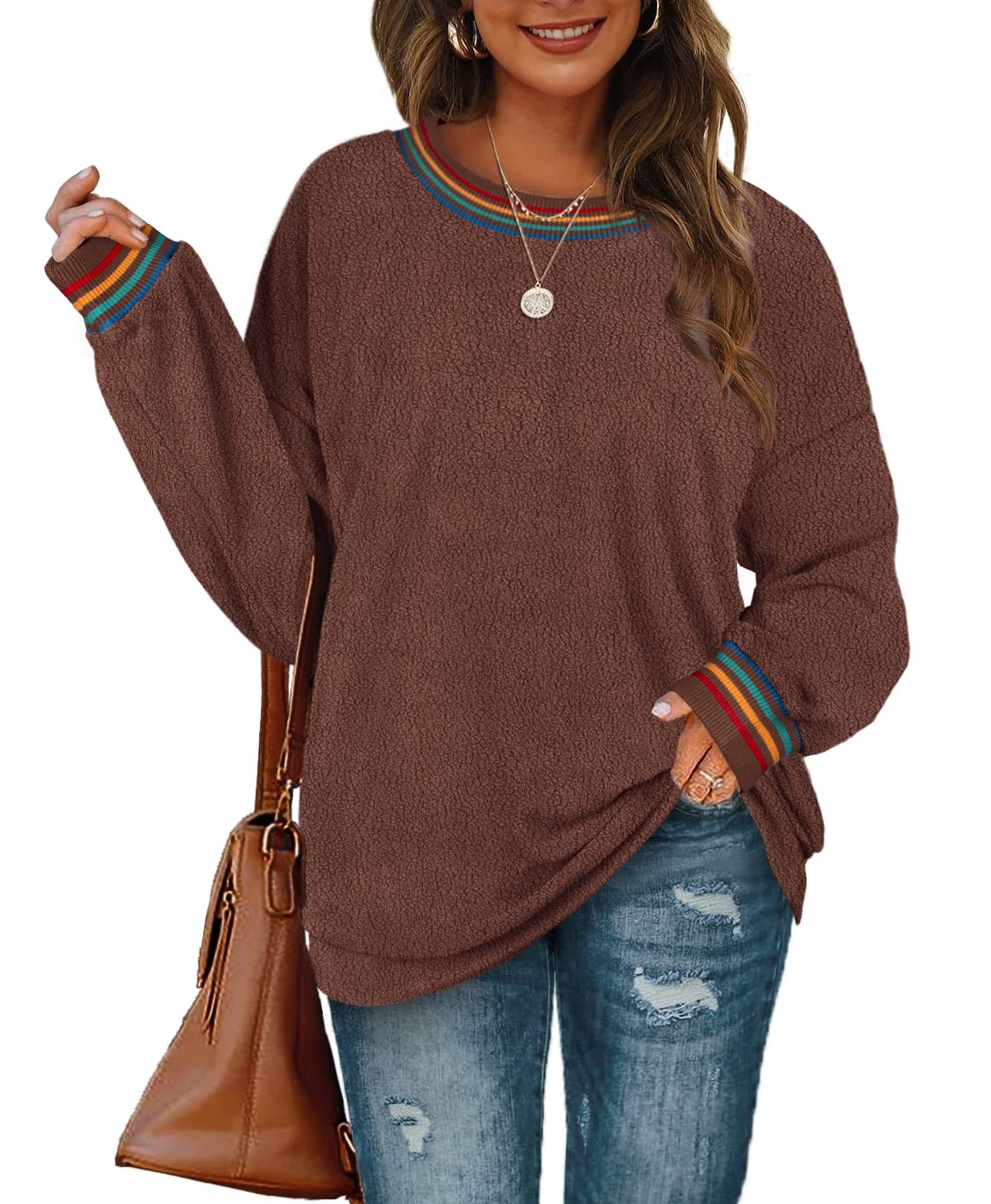 Women's Fuzzy Rainbow Stripe Crewneck Jumper Soft Casual Sweater Top - Brown XL