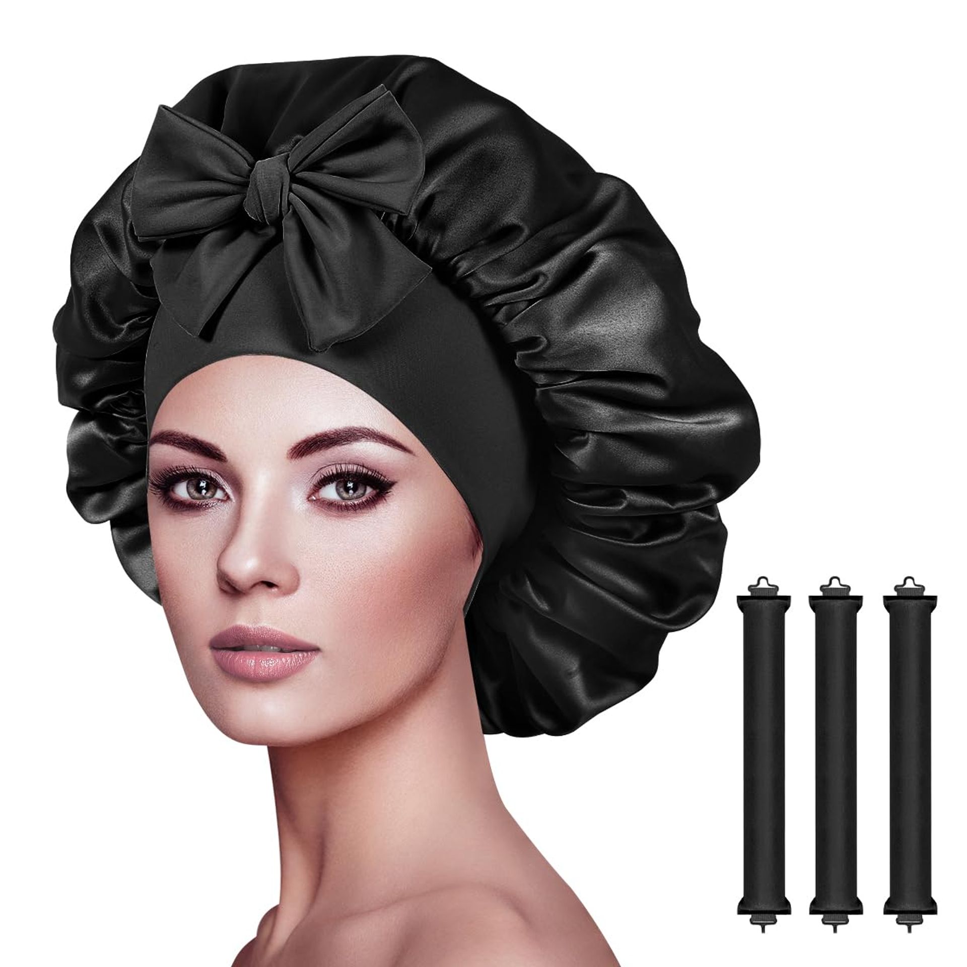 Silk Bonnet & Heatless Curlers Set - Satin Hair Bonnet & Flexi Curling Rods for Women (Black, No Ribbon)