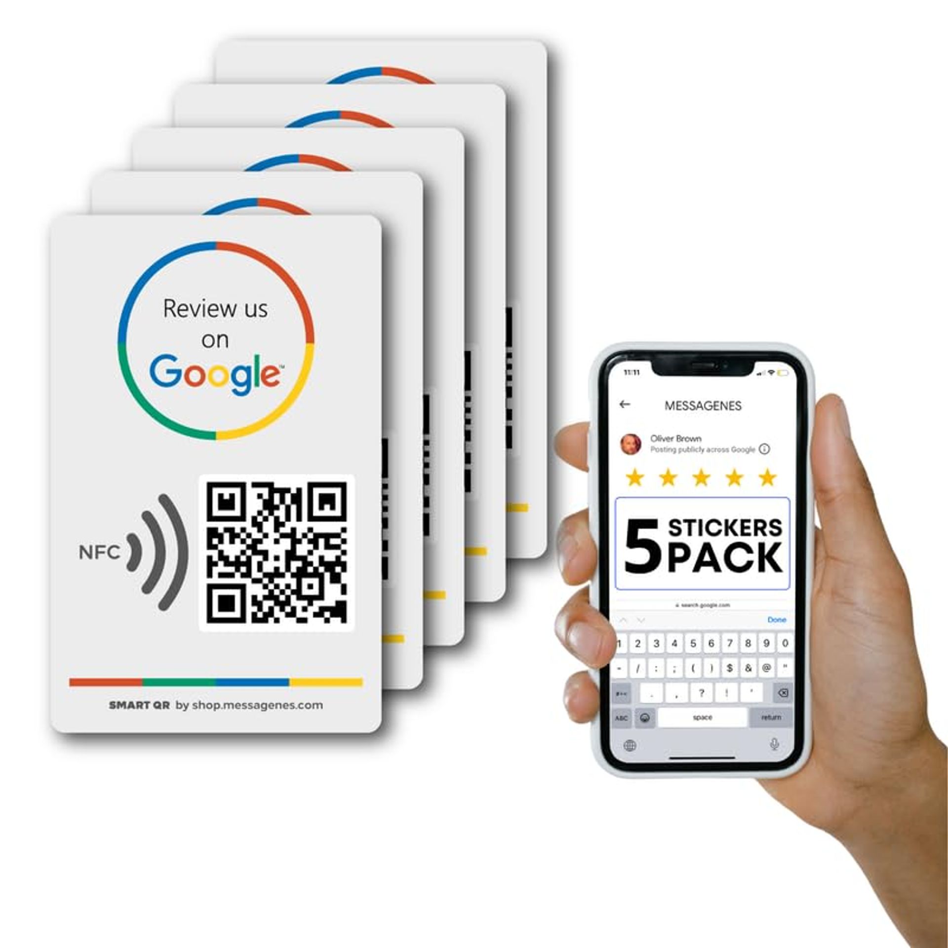 Reusable NFC & QR Tap Stickers for Google Reviews Contactless Pack of 5 - White 5 Stickers