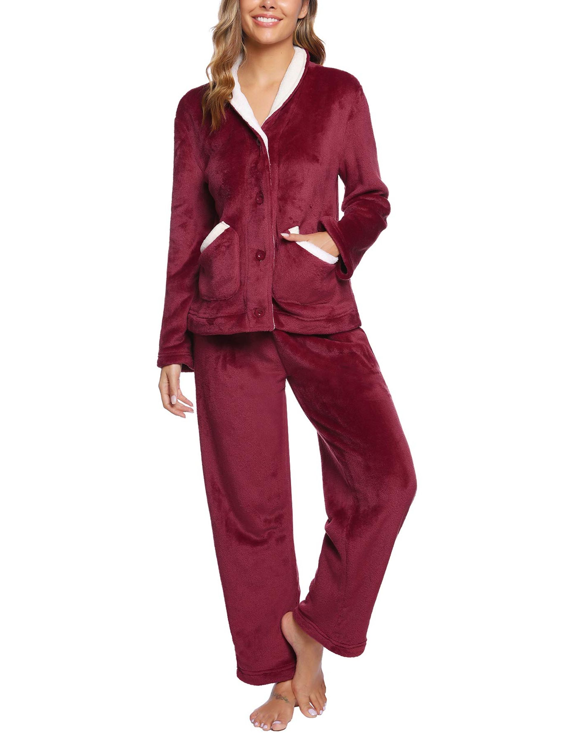 LACOFIA Dames Heren Pyjama Sets Warm Fleece Loungewear Dames PJs Lange Mouwen Nachtkleding Winter Paar Pyjamas, XS