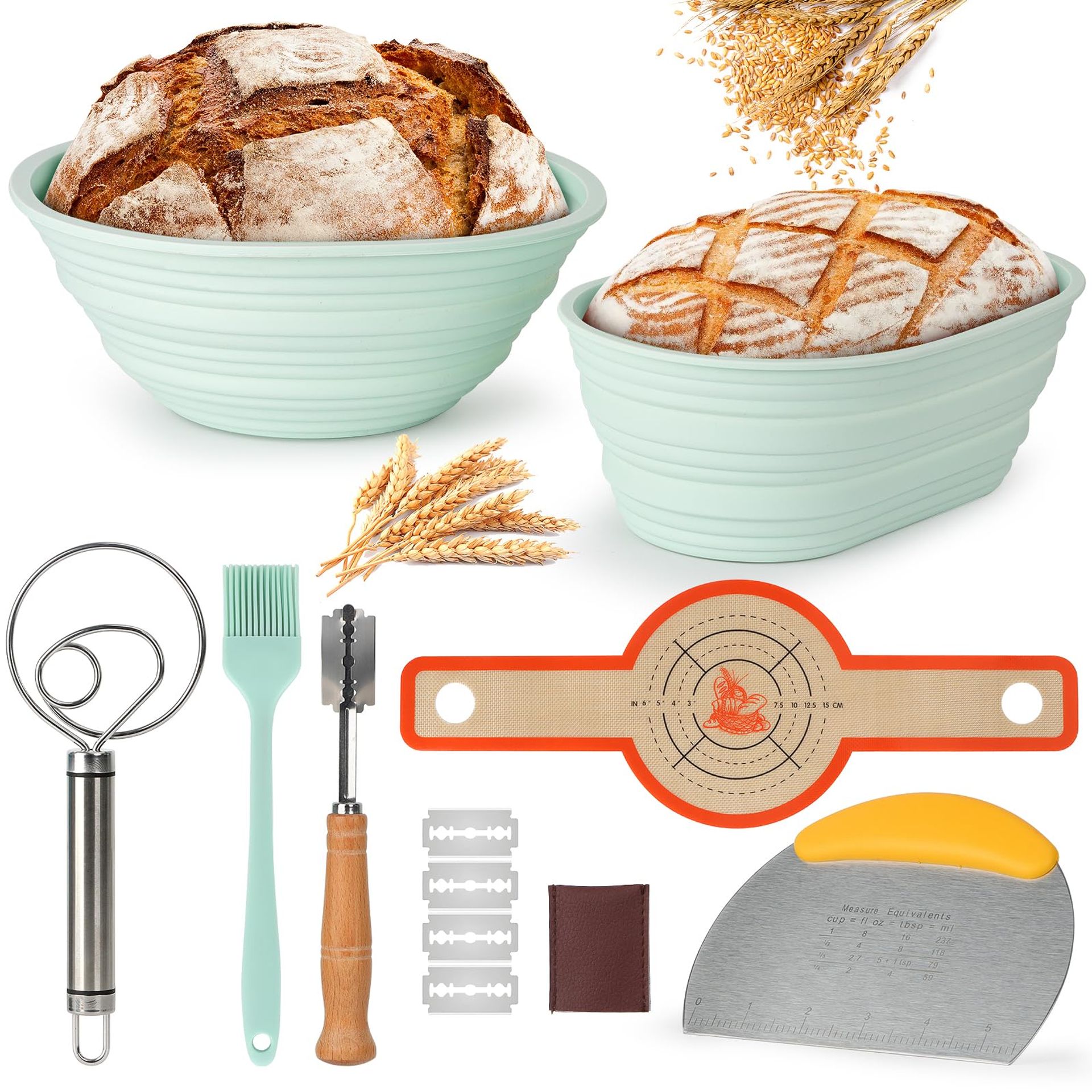 Sourdough Bread Baking Set Starter Kit with Silicone Banneton Baskets, Whisk, Lame, Dough Cutter & Brush - Green 9 inch Round & 10 inch Oval