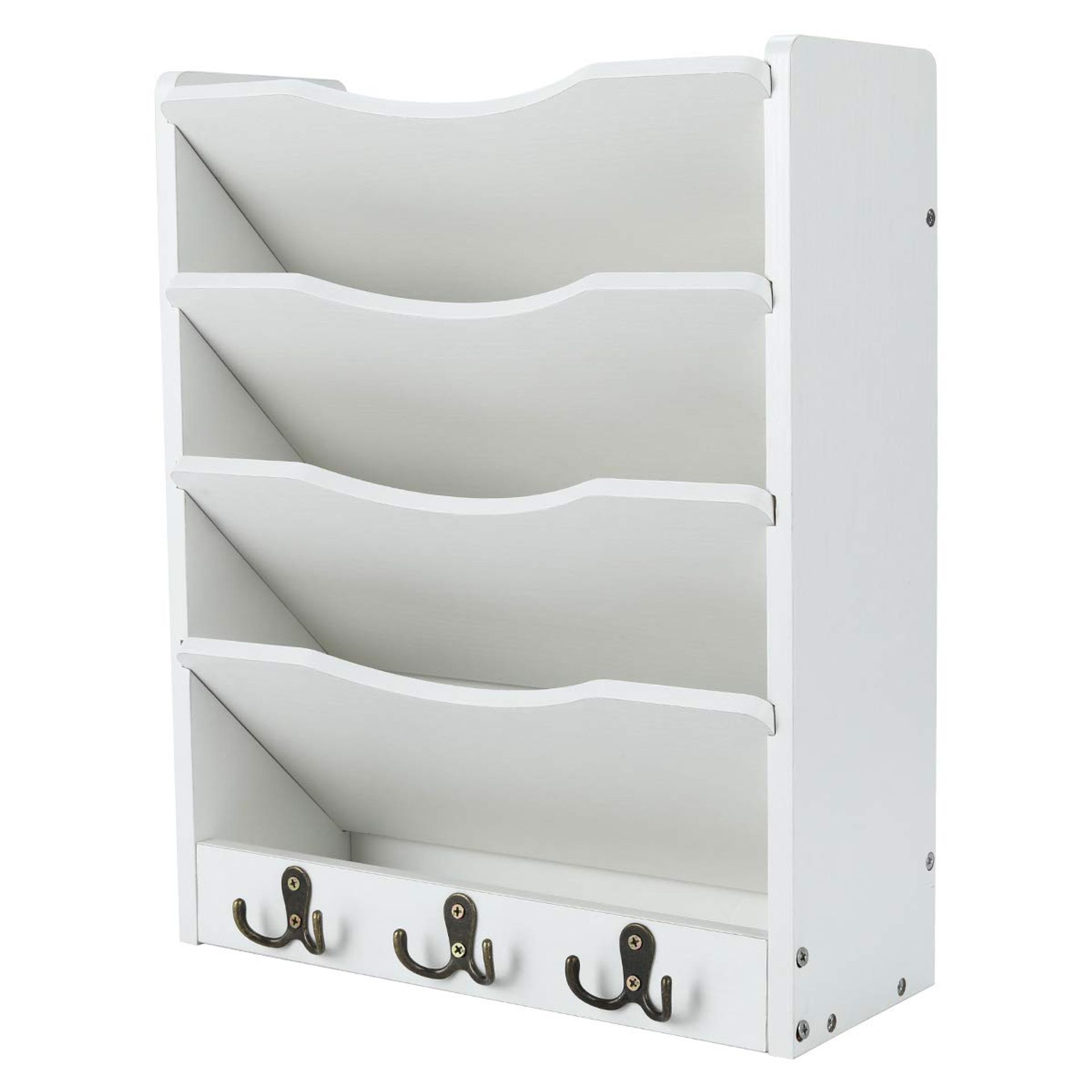 5-Tier Wall File Holder Hanging Mail and Magazine Organiser with 6 Hooks for Home Office - White - Student Essentials
