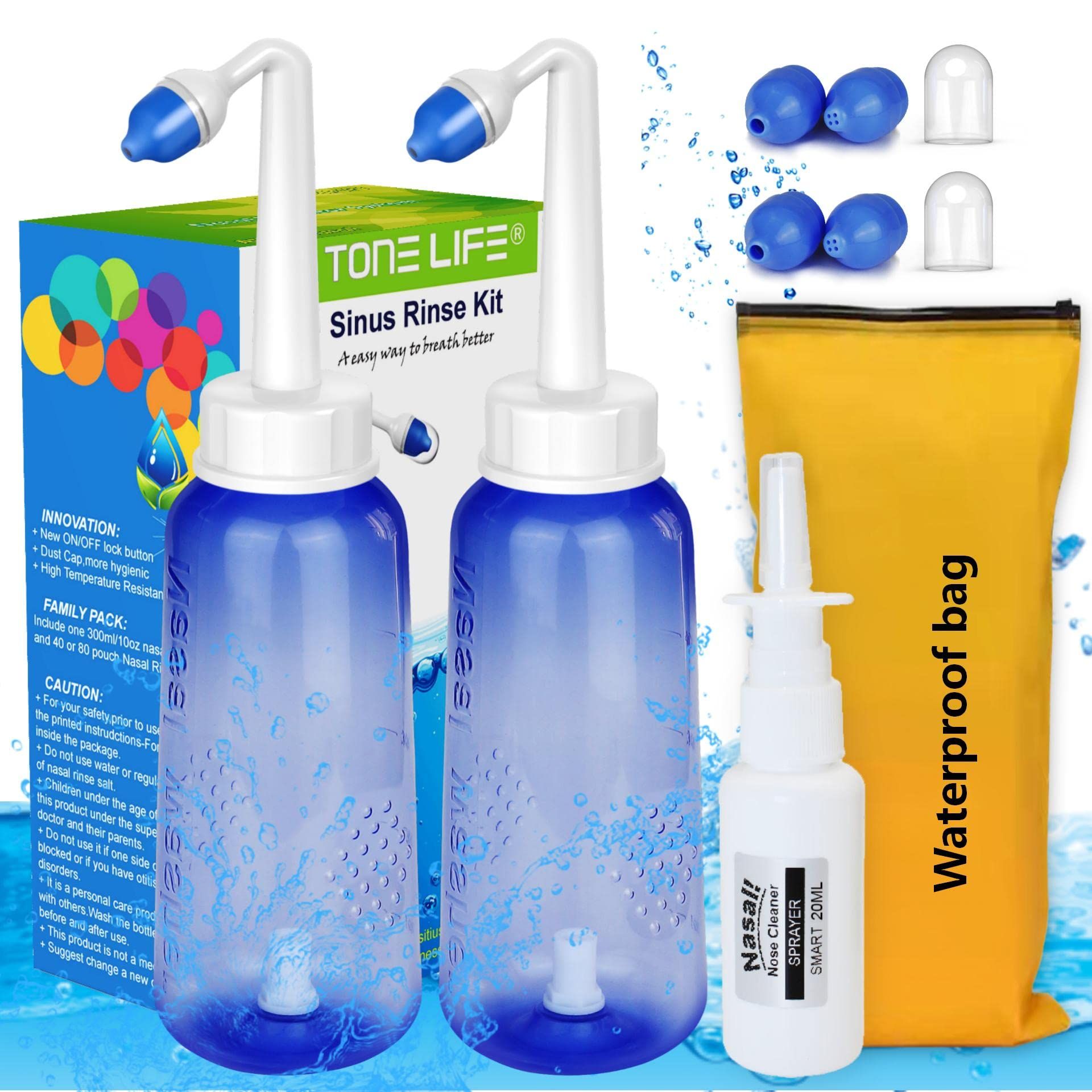 Neti Pot Sinus Rinse Kit 2 Bottles with 4 Nozzles and Nasal Spray for Sinus Irrigation & Nose Cleaning - Blue 300ml