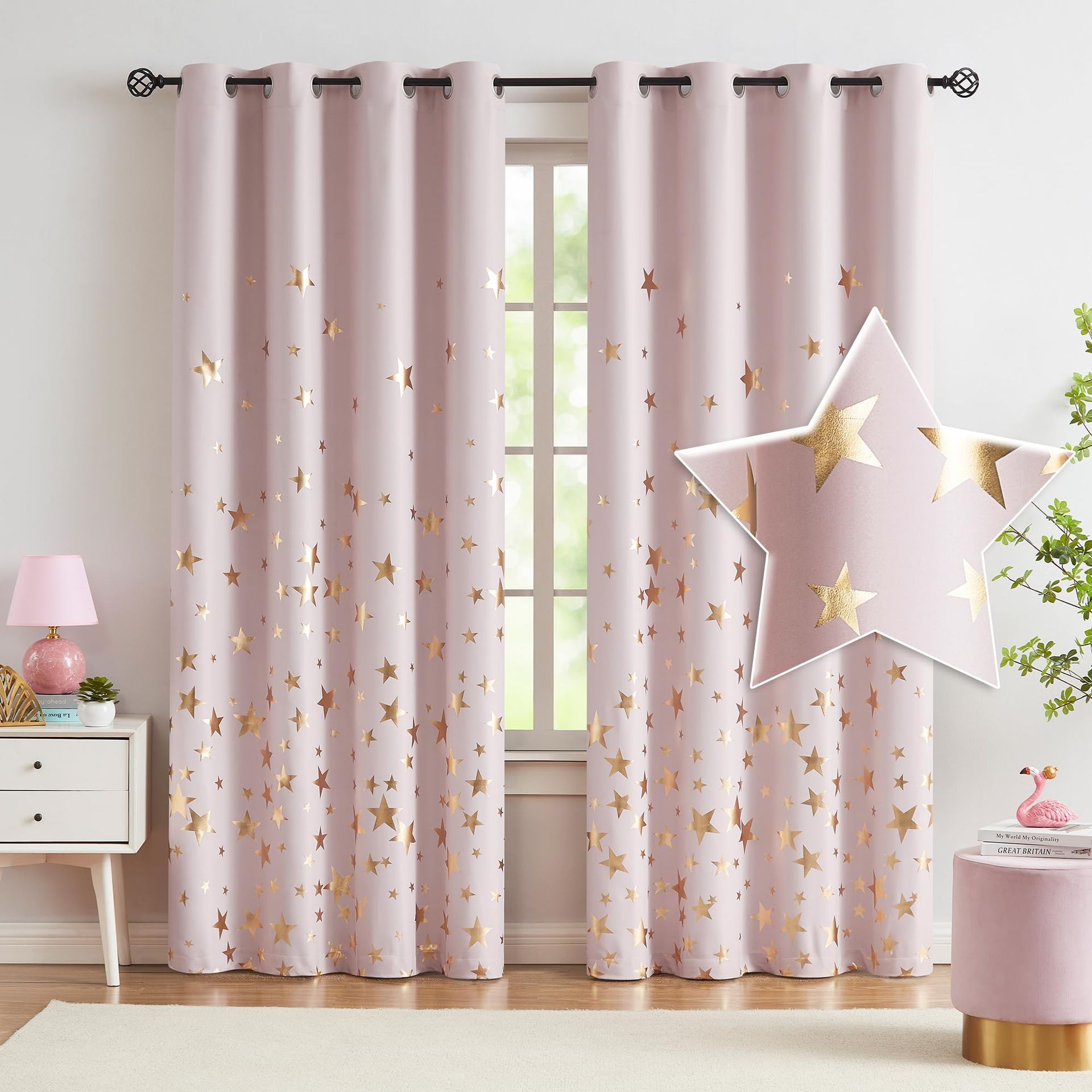 Blackout Curtains Thermal Insulated Star Geometric Foil Eyelet Panels Set of 2 - Pink W50" x L90"