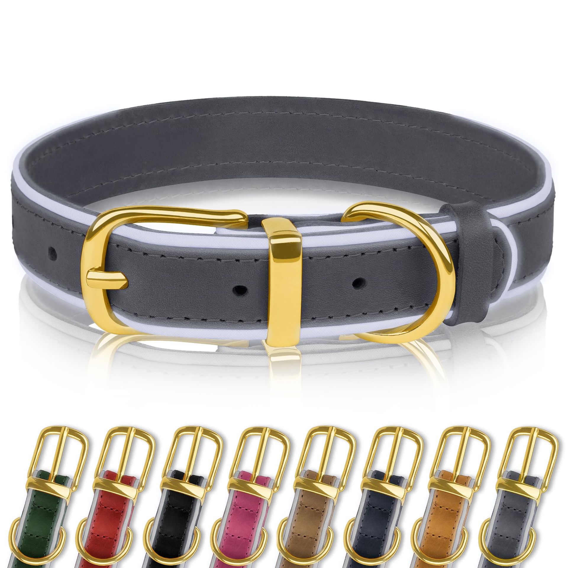 Reflective Genuine Leather Dog Collar Soft Padded Adjustable Comfort Design for All Breeds - Denim Large 15"-19"