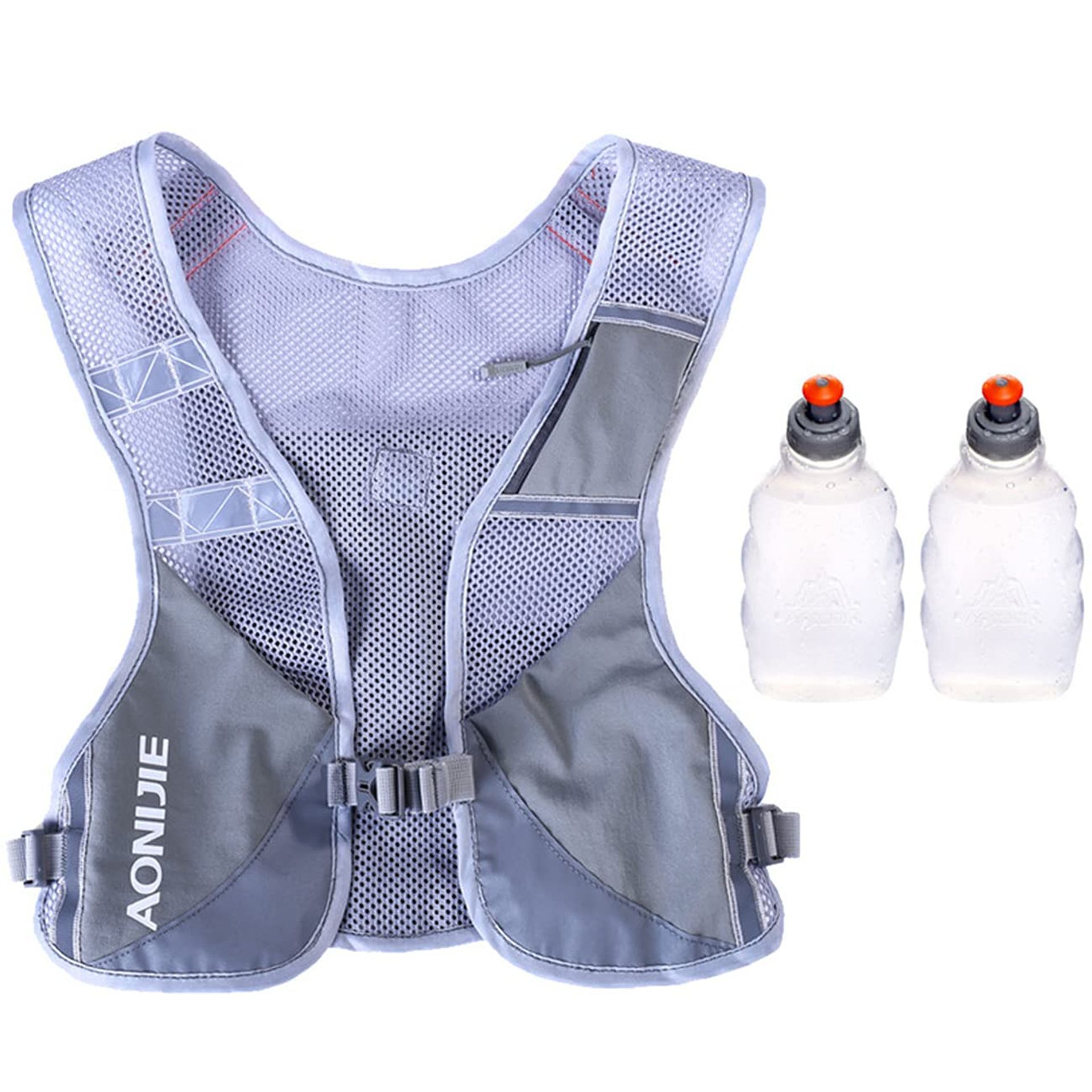 Reflective Running Hydration Backpack with Dual 250ml Bottles Lightweight Marathon Vest for Men & Women - Grey One Size